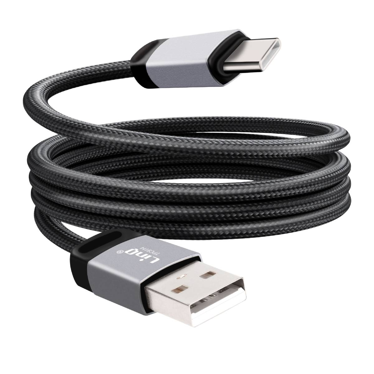 Un cavo di ricarica nero da USB-C a USB-A. Il cavo è arrotolato. I connettori sono argentati e neri.