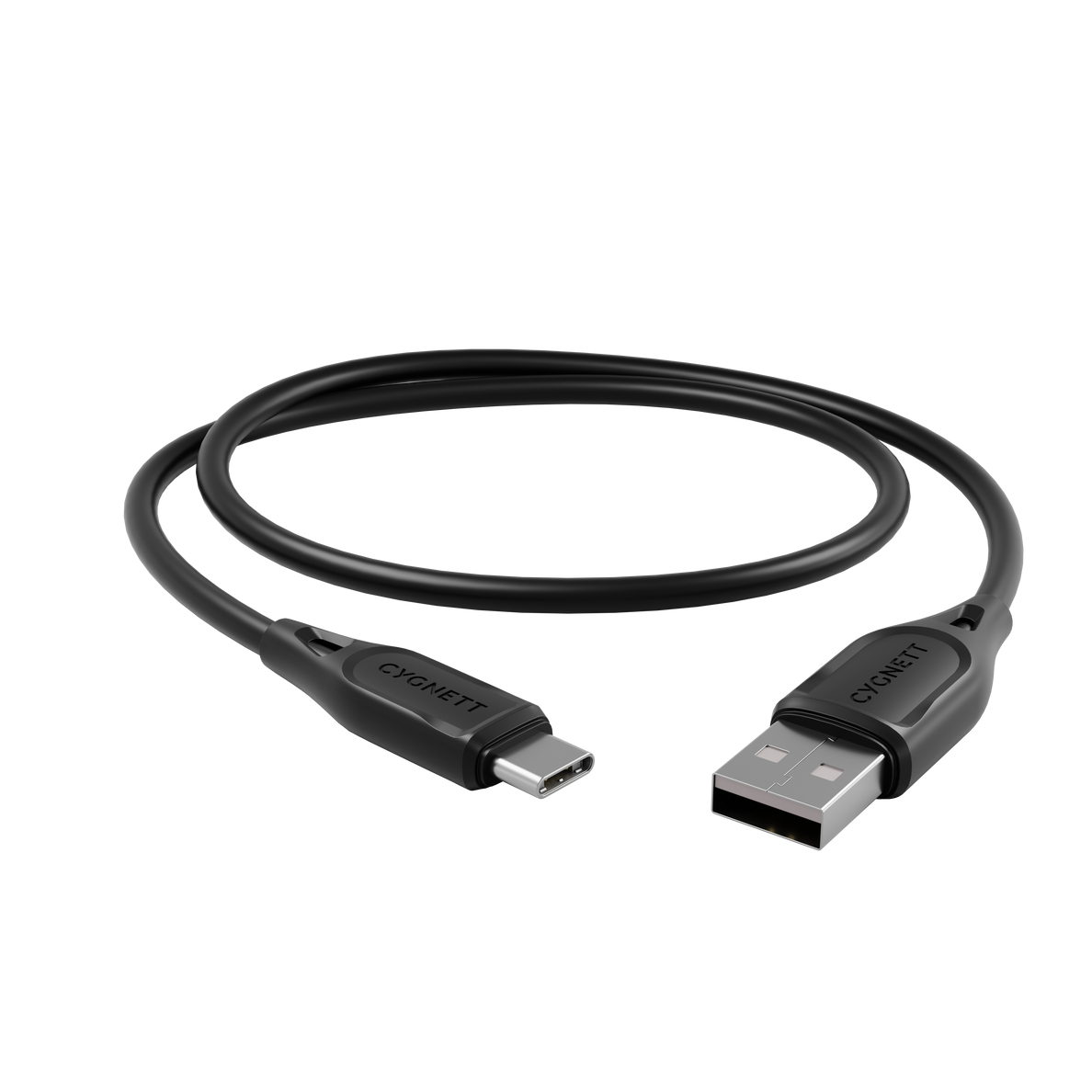 Un cavo USB nero con connettore USB-A e USB-C, entrambi con la scritta 'CYGNETT', su sfondo bianco.