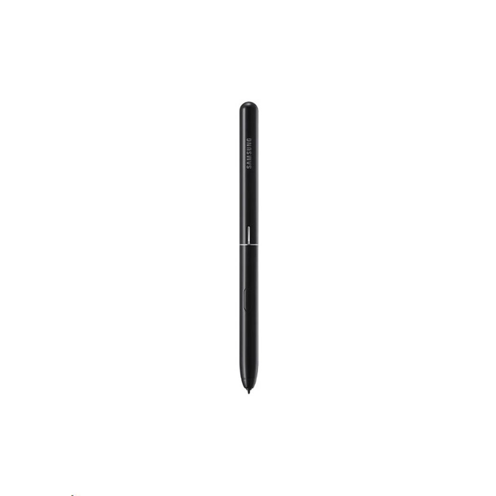 Un S Pen negro de Samsung está en posición vertical. Tiene una parte superior redondeada, un botón y una punta afilada. El fondo es blanco.