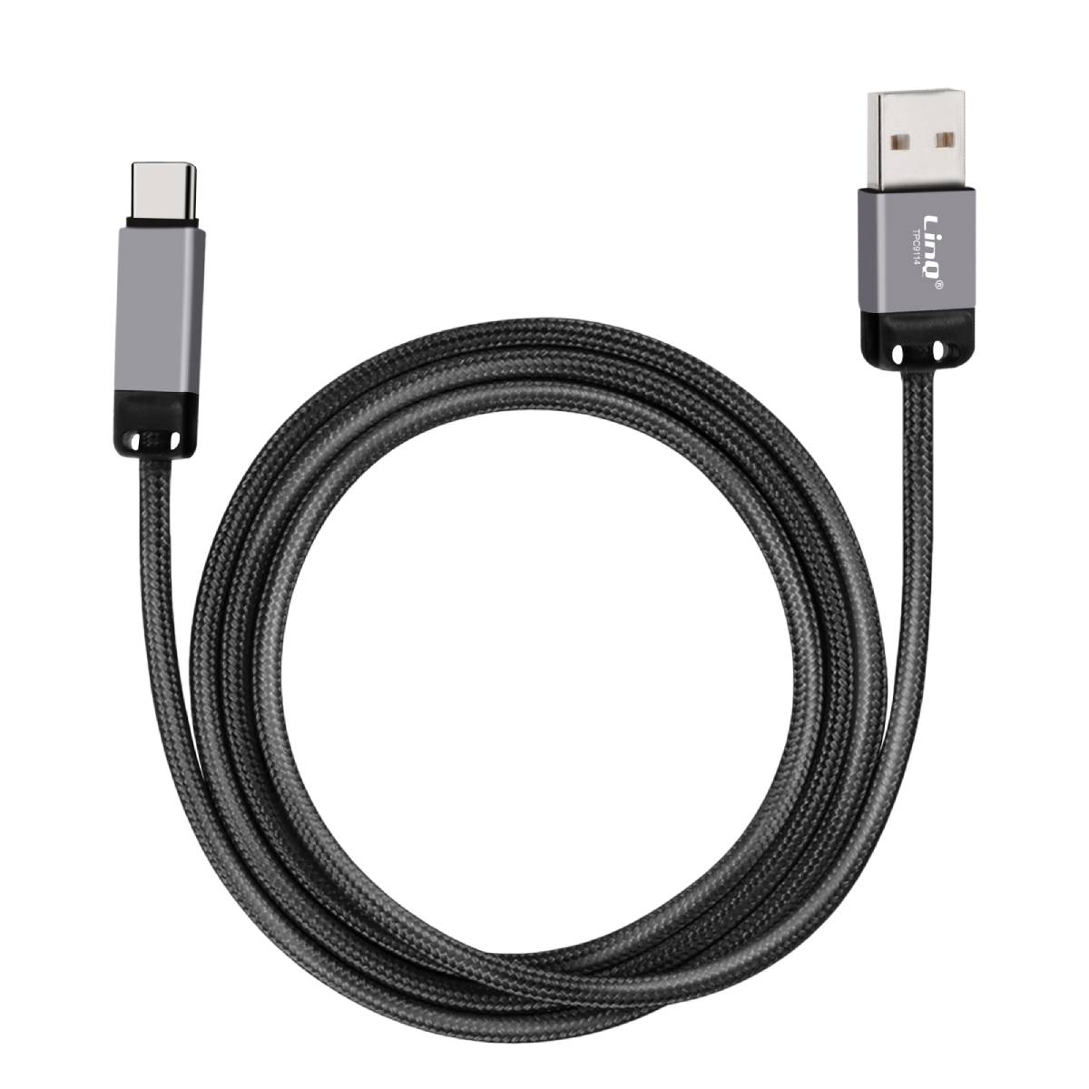Un cavo di ricarica da USB-C a USB-A. Il cavo è nero e ad anello. I connettori sono argento e grigio.