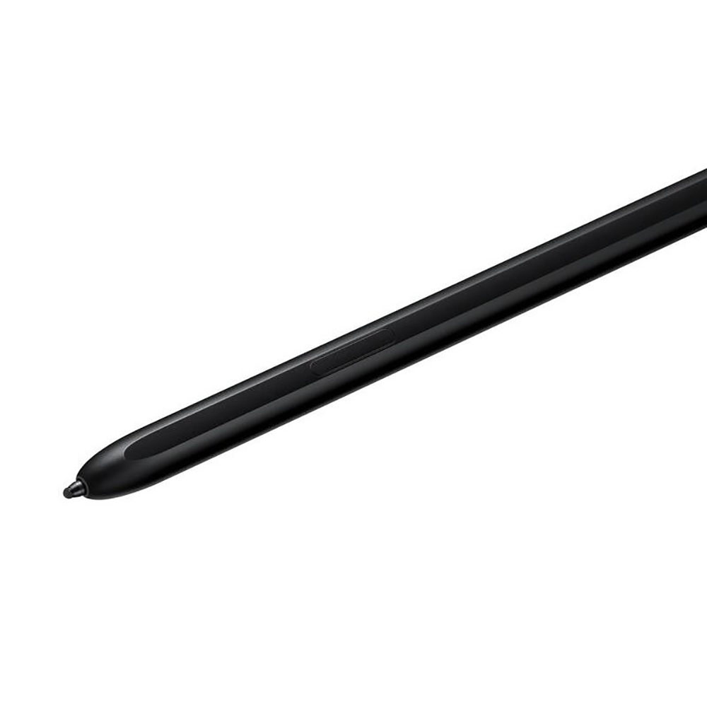 Nahaufnahme eines schwarzen Stiftes, der schräg vor einem weißen Hintergrund liegt. Der Stift hat eine abgerundete Spitze und eine Taste.