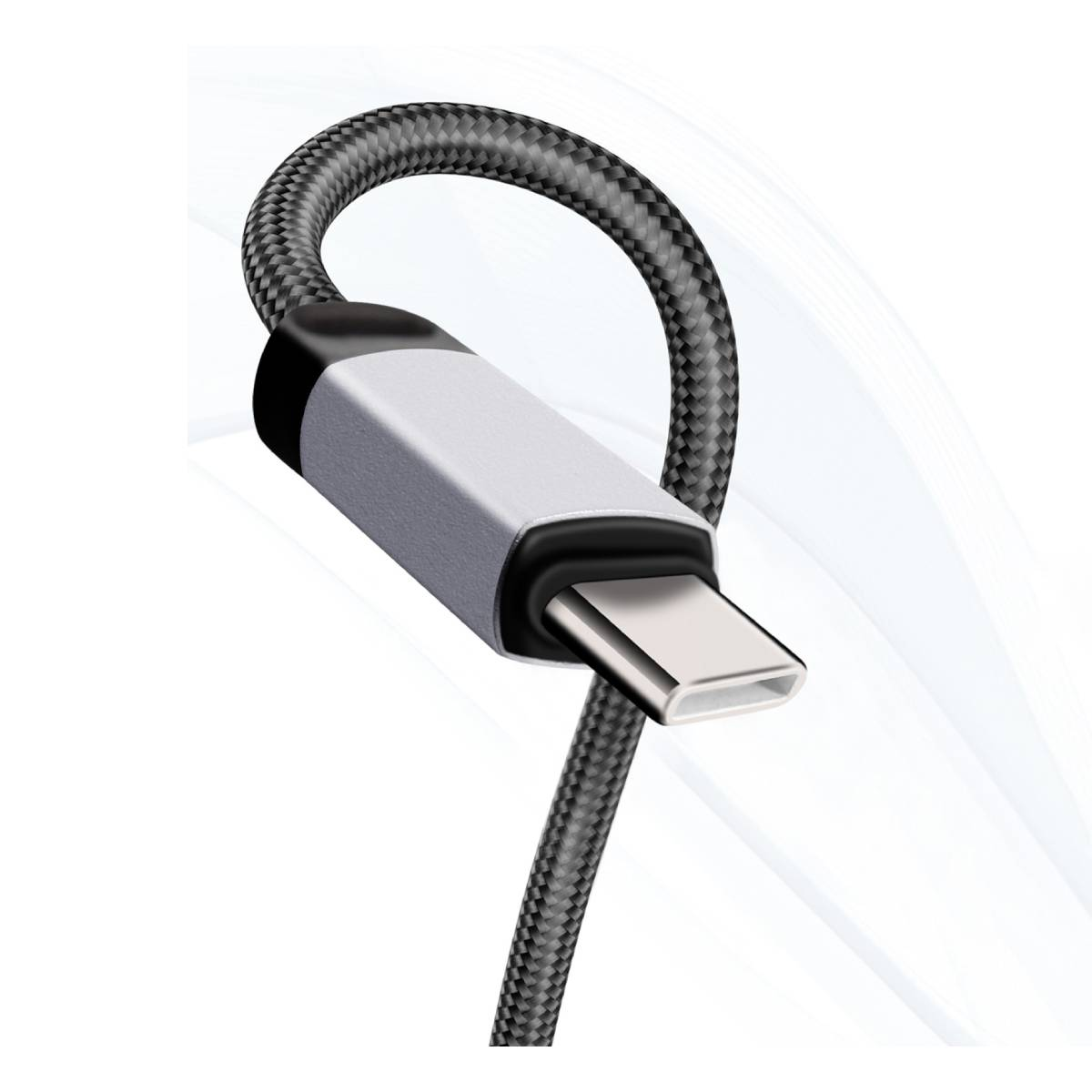 Un cavo USB-C con connettore argentato. Il cavo è nero con un motivo strutturato e piegato ad anello.