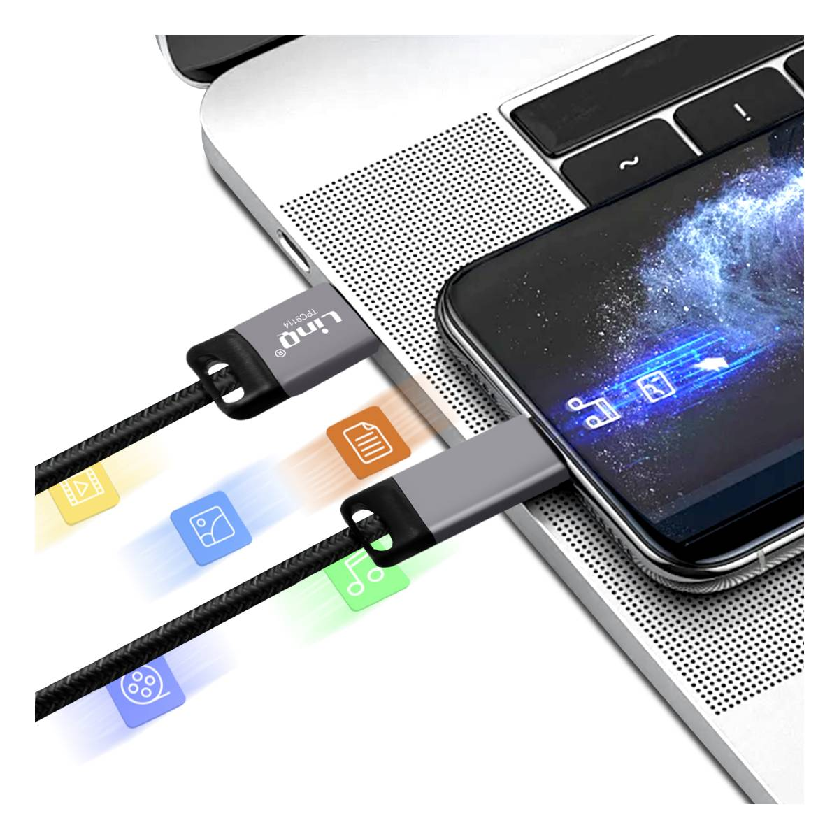 Un telefono collegato a un laptop tramite cavo. Lo schermo del telefono mostra un'interfaccia digitale. Icone colorate sono visibili.