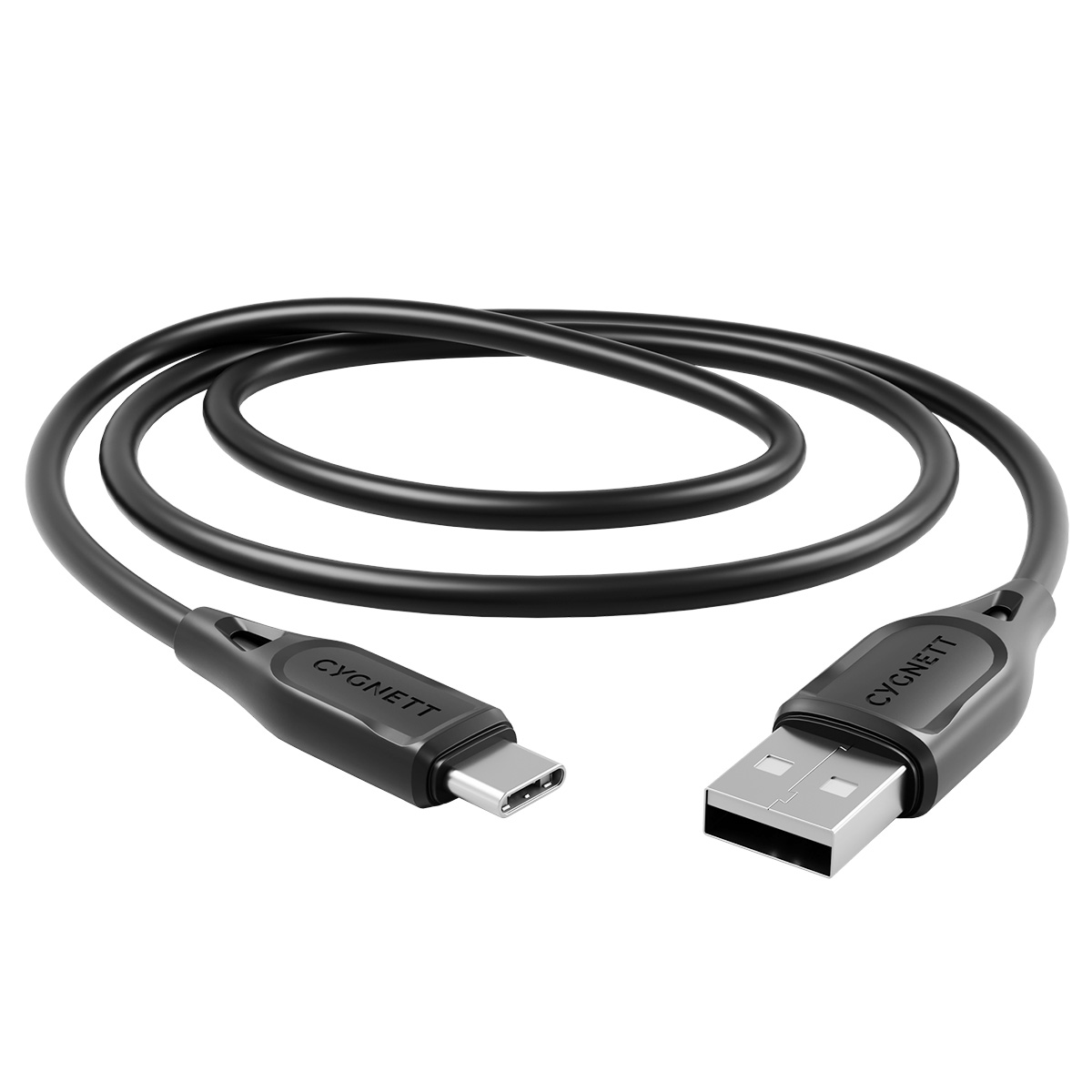 Un cavo USB nero con connettori USB-A e USB-C. Il cavo è arrotolato. Il marchio 'CYGNETT' è visibile sui connettori.