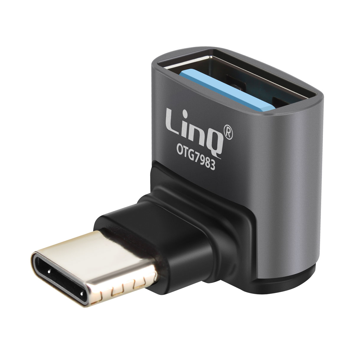 Un adattatore USB grigio e nero con connettore USB-C. Ha il marchio Linq e il modello OTG7983 stampati.