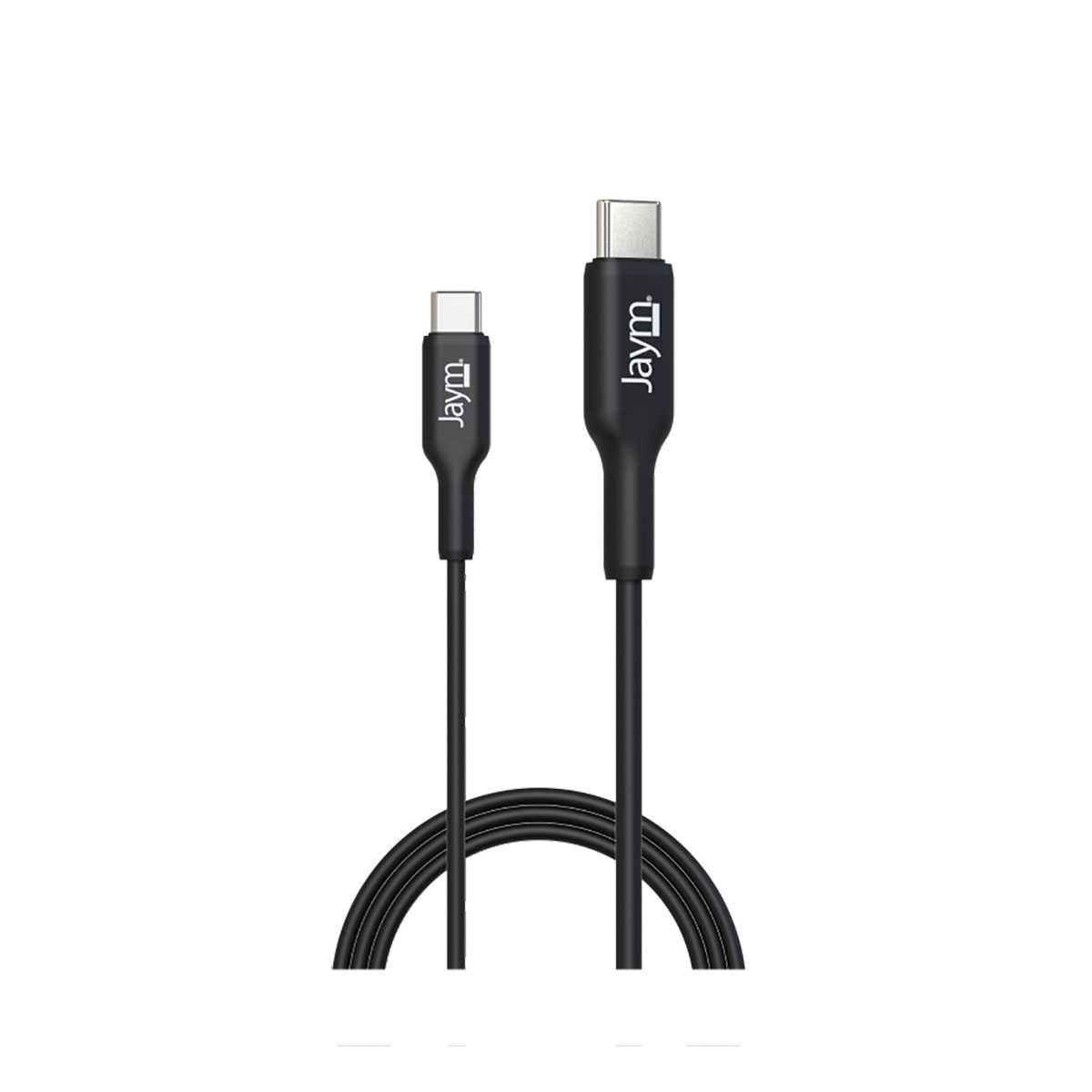 Due cavi USB-C neri, con logo 'jaym', su sfondo bianco.
