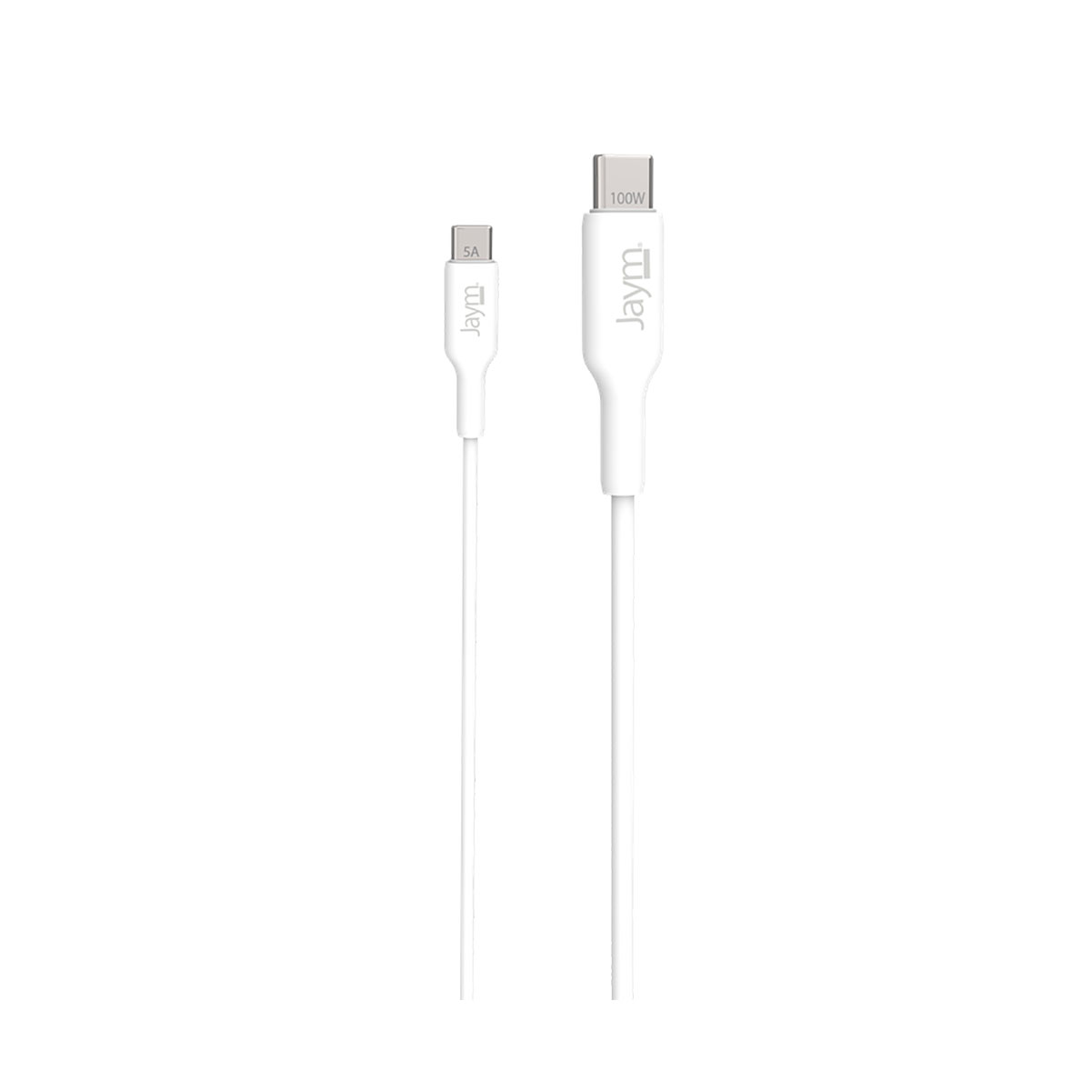 Due cavi USB-C bianchi, marca 'Jaym'. Uno è 5A, l'altro 100W.