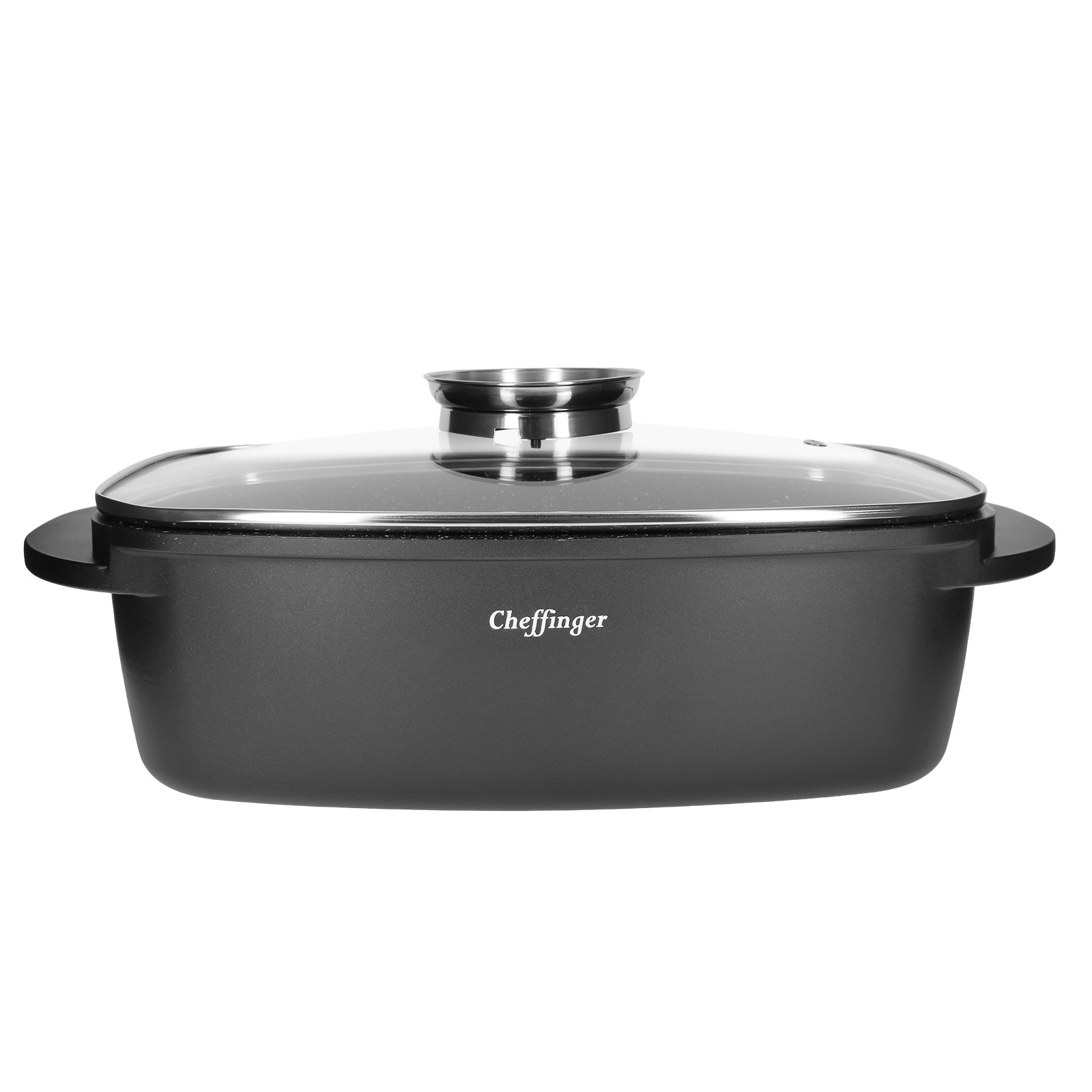 Una padella rettangolare grigio scuro con coperchio in vetro e manico argentato. Il marchio Cheffinger è scritto sulla padella.