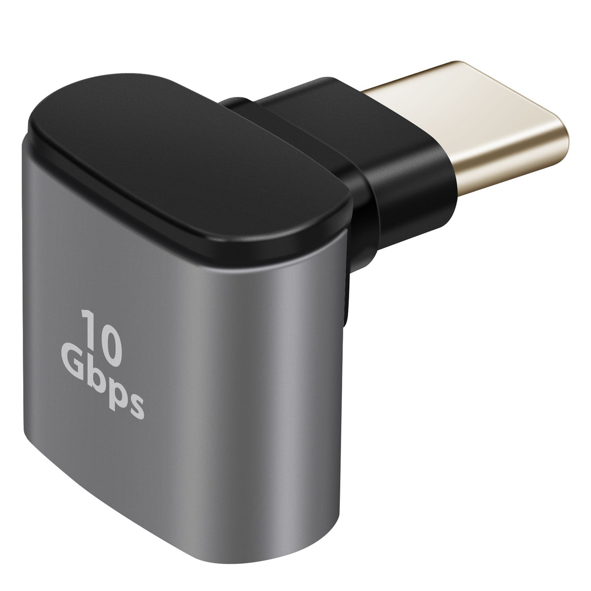 Un adattatore USB-C grigio e nero. Ha un corpo metallico, una parte superiore nera e un connettore USB-C dorato.