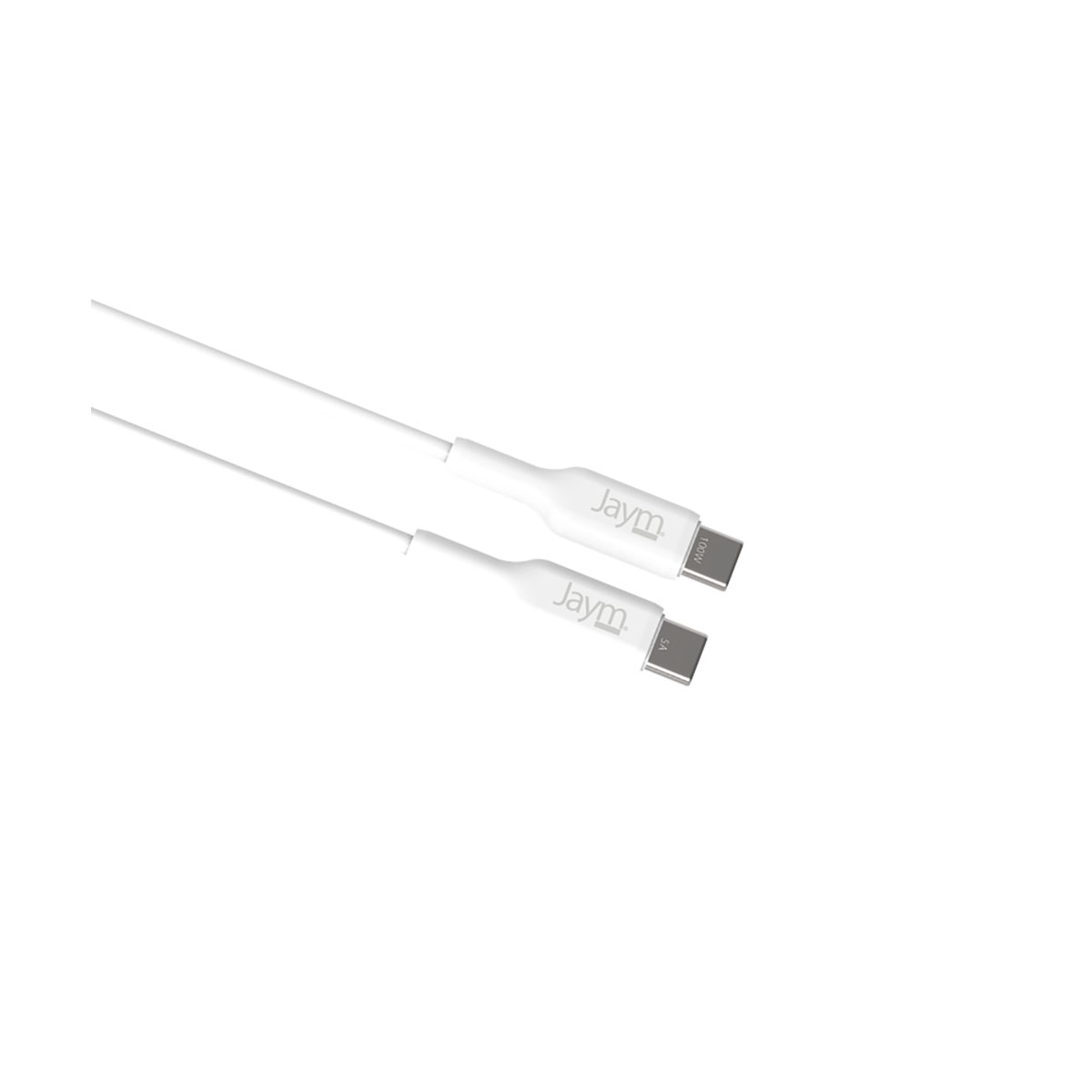 Due cavi USB-C bianchi Jaym su sfondo bianco. Ogni cavo ha un connettore e il logo Jaym.