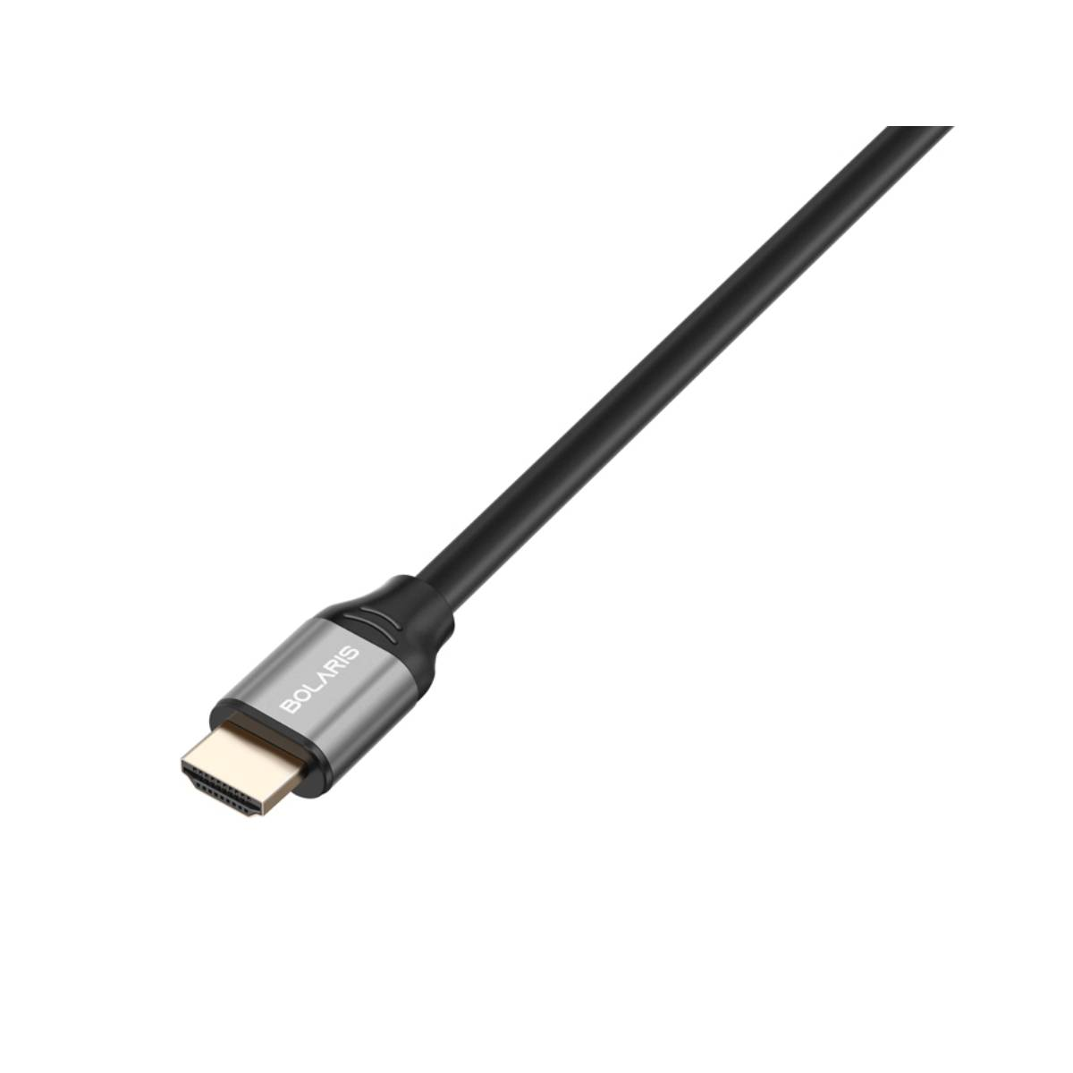 Un cavo HDMI con cavo nero e connettore argentato. Sul connettore c'è scritto 'Bolaris'.