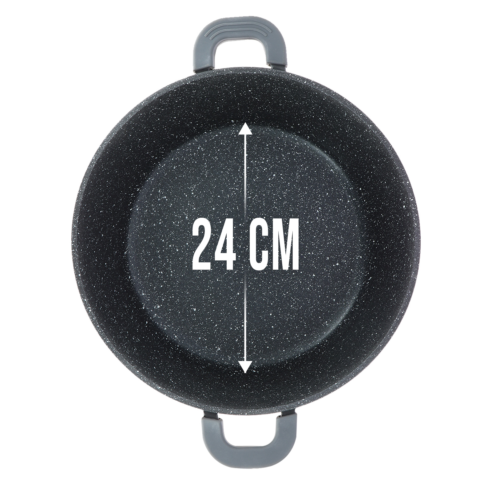 Une poêle ronde noire avec des poignées grises, mesurant 24 cm. Elle a des mouchetures blanches. Le fond est blanc.