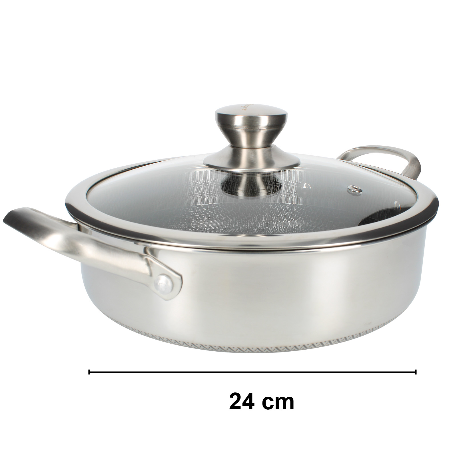Edelstahlpfanne mit Glasdeckel. Sie hat zwei Griffe, einen Deckelgriff und eine 24 cm Messbeschriftung.