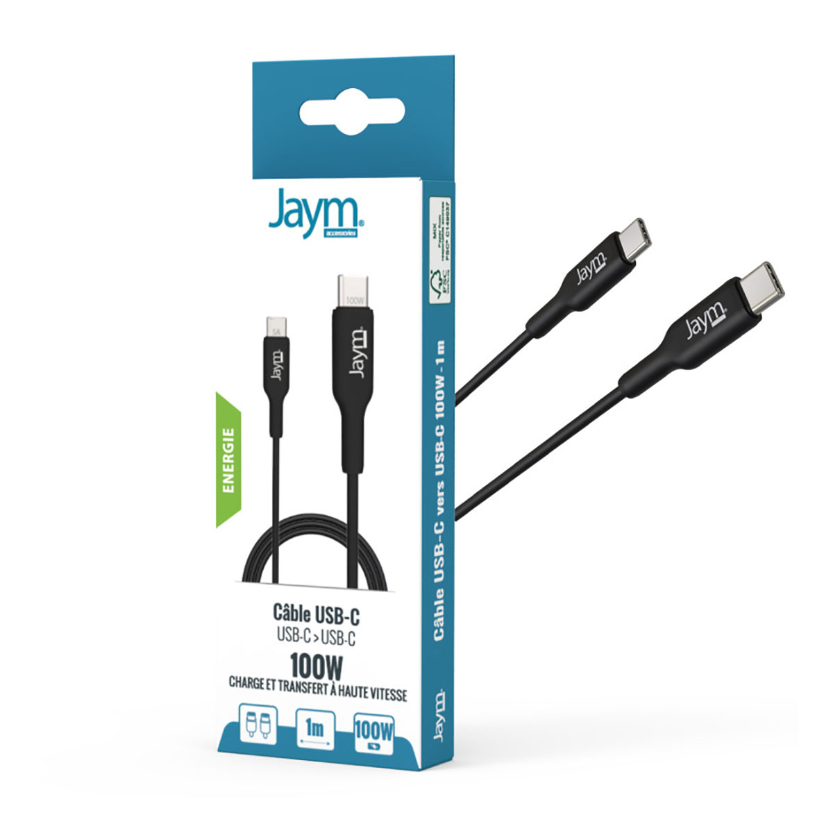 Un cavo USB-C nero con una scatola nera. La scatola dice Jaym e USB-C. Il cavo è per la ricarica rapida.