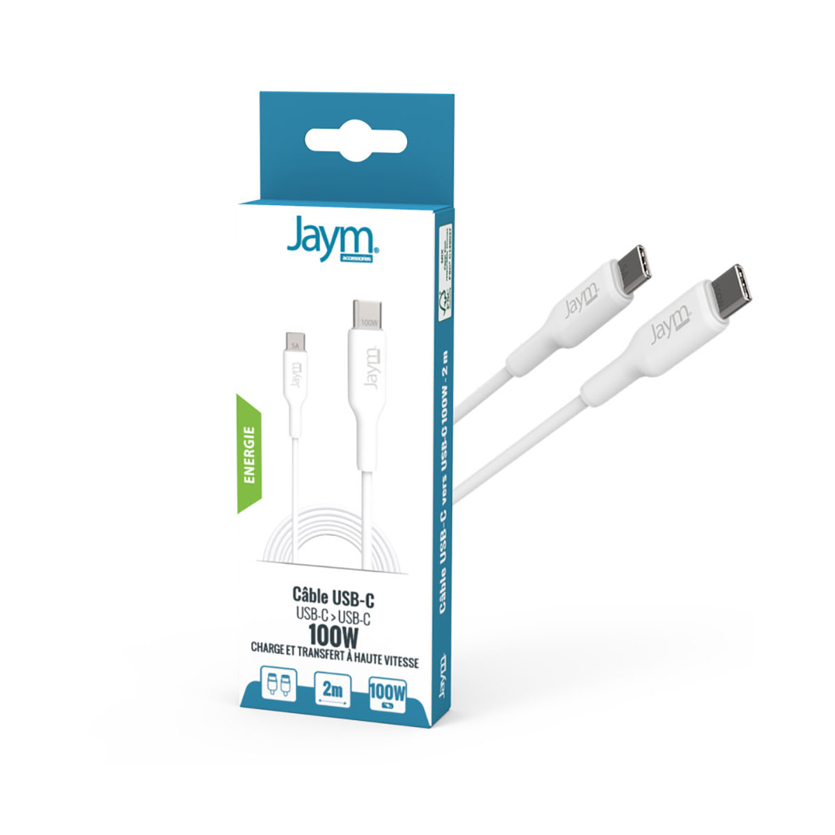 Scatola per cavo USB-C bianca con logo 'Jaym' e illustrazioni dei cavi. Anche il cavo è bianco.