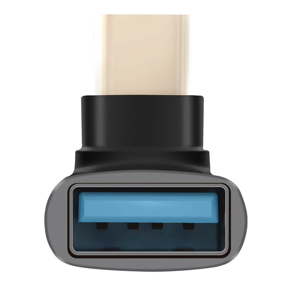 Primo piano di un adattatore USB. Ha un connettore USB-C in alto, un corpo nero e una porta USB 3.0 blu in basso.