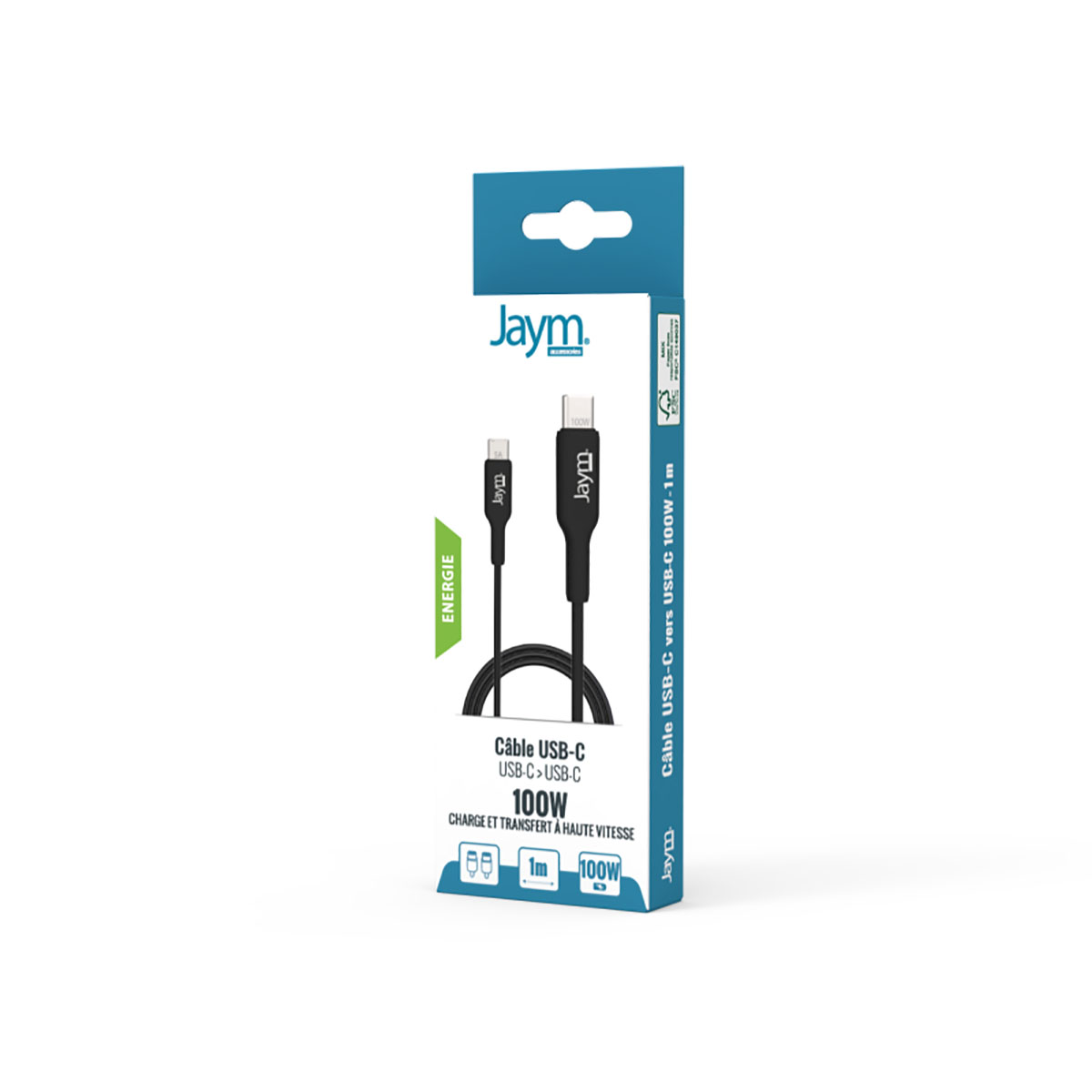 Un cavo USB-C Jaym in una scatola. La scatola è bianca e blu con dettagli sulle funzionalità del cavo. Il cavo è nero.