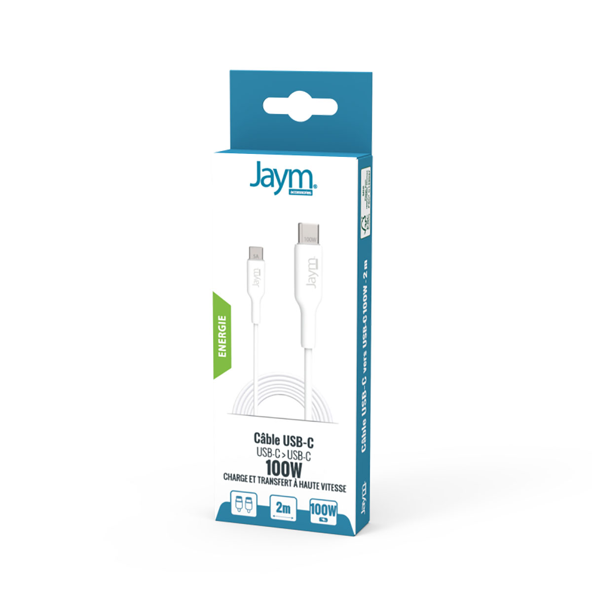Un cavo USB-C bianco in una scatola blu e bianca. La scatola ha il marchio "Jaym" e le specifiche di ricarica a 100W.