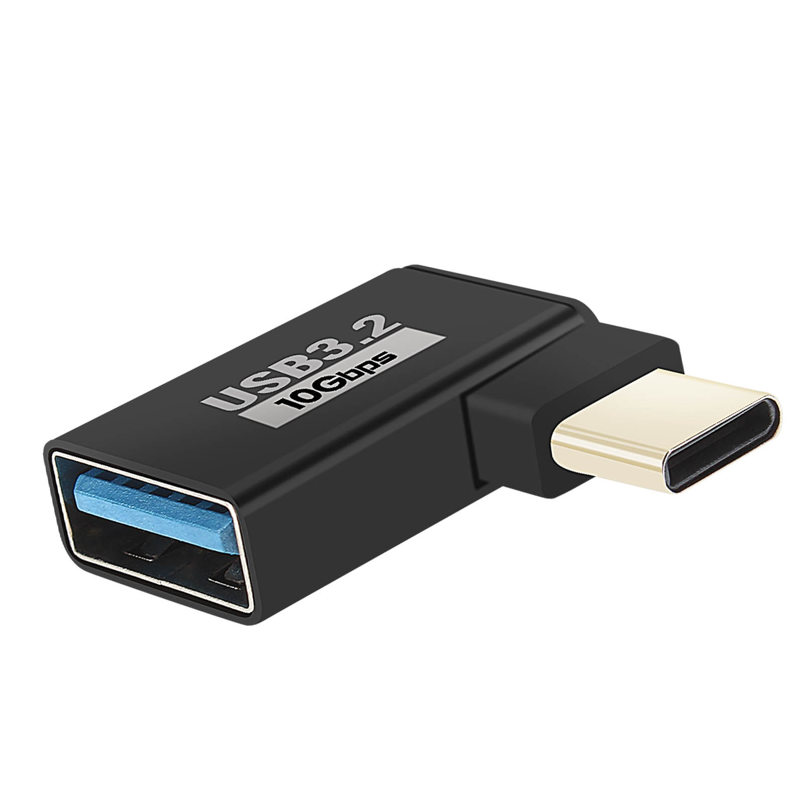 Un adattatore USB 3.2 nero con porta USB blu e connettore USB-C dorato.