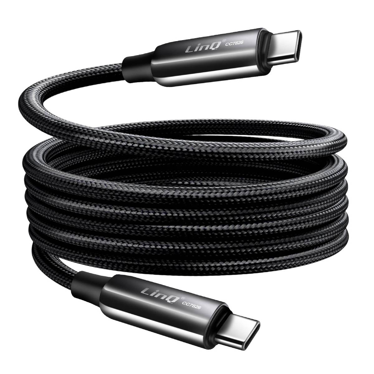 Cavo USB-C nero Linq. Ha un design intrecciato. Il cavo è arrotolato. I connettori sono argentati.