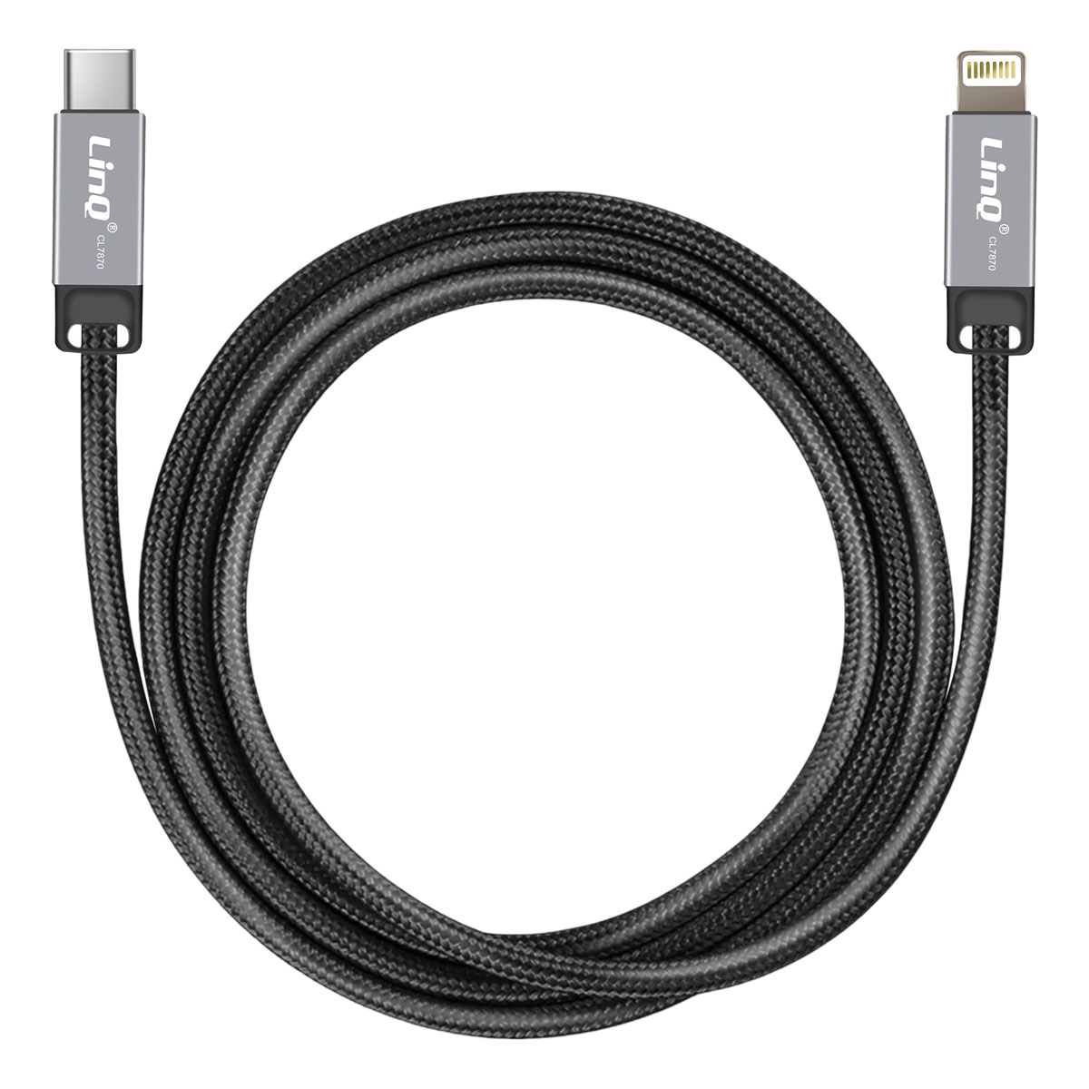 Un câble noir USB-C vers Lightning enroulé en cercle. Les deux extrémités ont des connecteurs argentés avec le logo "Linq".