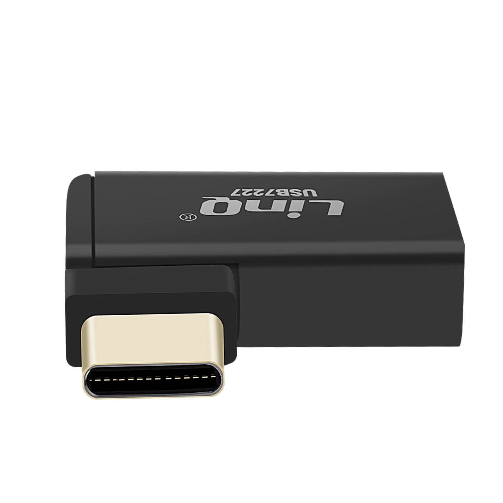 Un adattatore USB-C nero con la scritta Lino e USB7227. Il connettore è dorato.