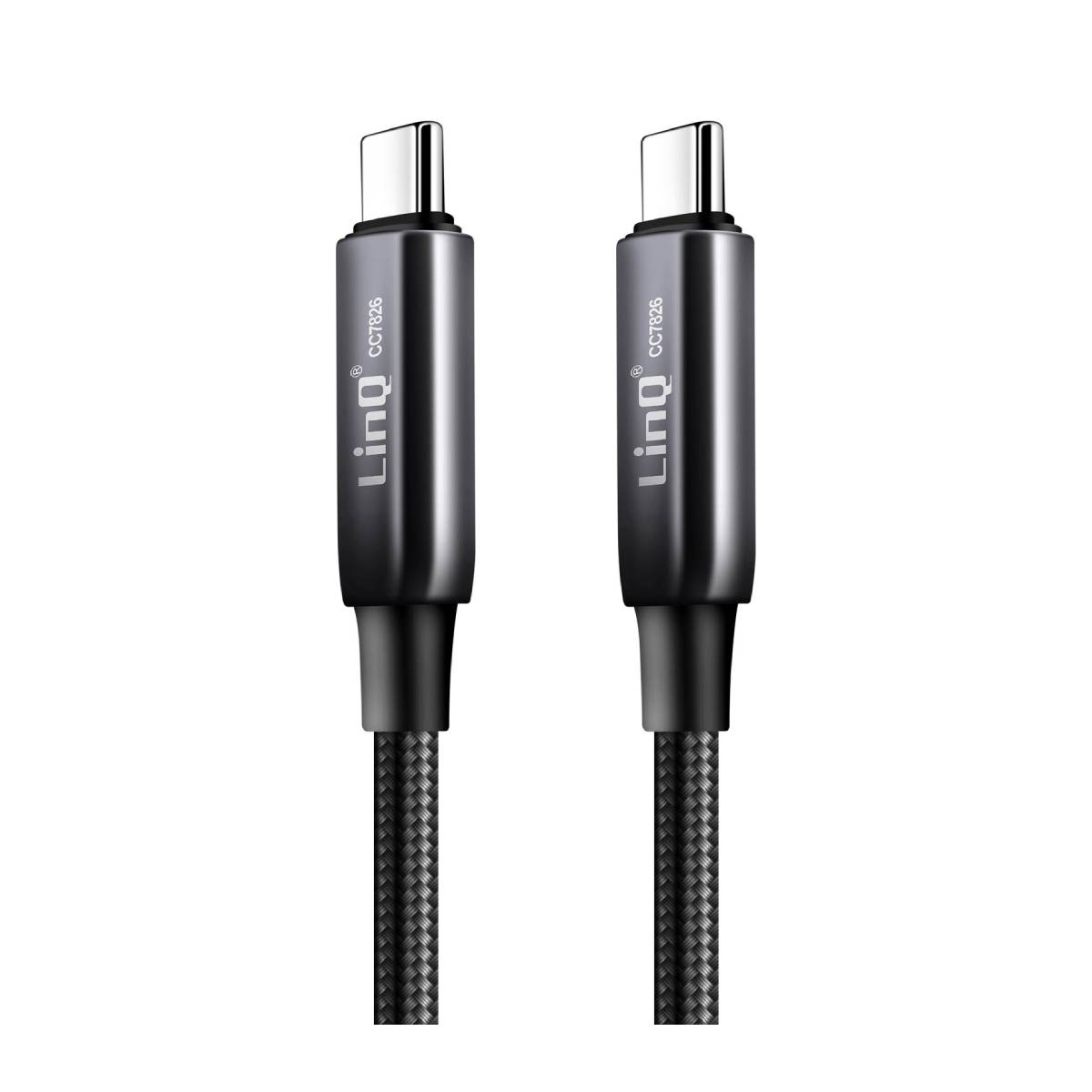 Vengono mostrati due cavi USB-C neri. Ogni cavo ha un connettore metallico e un cavo intrecciato. Entrambi hanno il logo Linq.