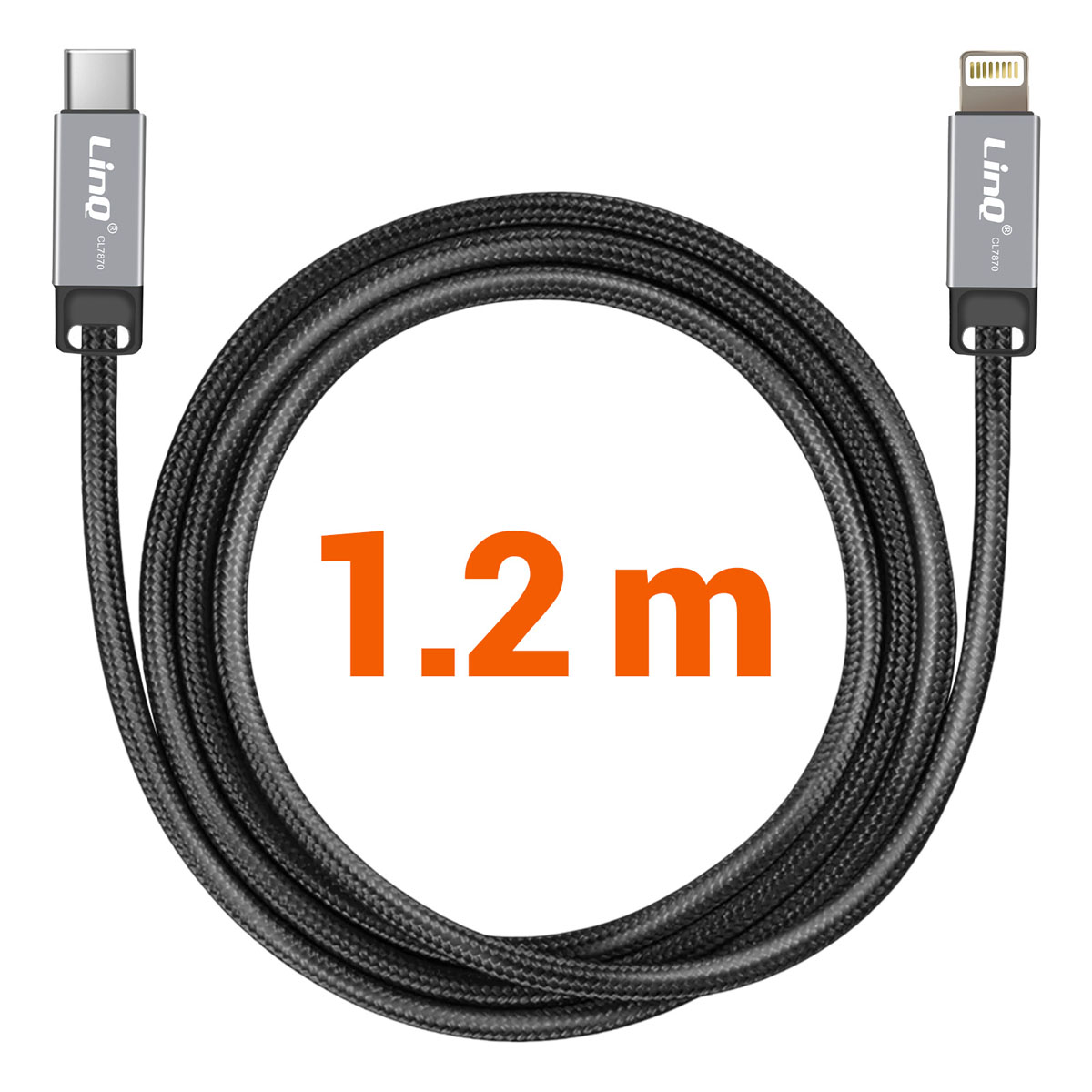 Un câble USB noir avec connecteur USB-C et Lightning, enroulé en cercle. Le texte '1,2 m' est orange.