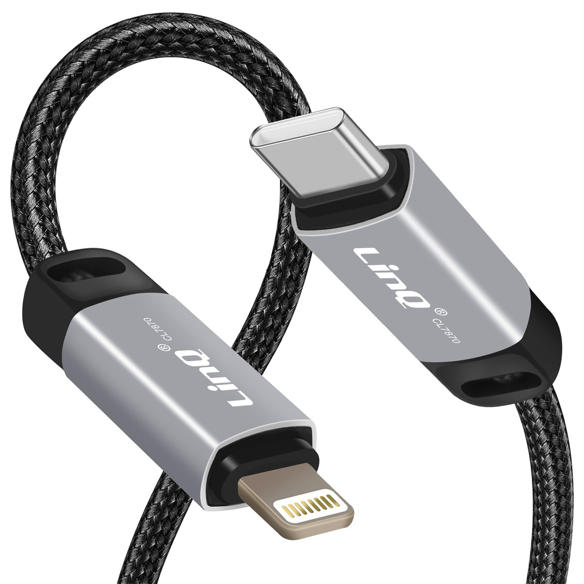 Un câble USB noir tressé avec des connecteurs Lightning et USB-C. Les connecteurs sont argentés et noirs, avec la marque Linq.