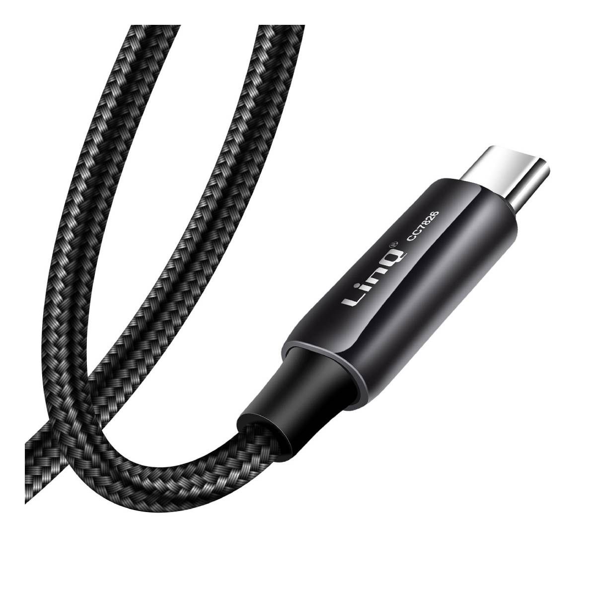 Un cavo USB-C nero Linq CC7826 con trama intrecciata. Lo sfondo è bianco. Il cavo è angolato dall'alto a sinistra verso il basso a destra.