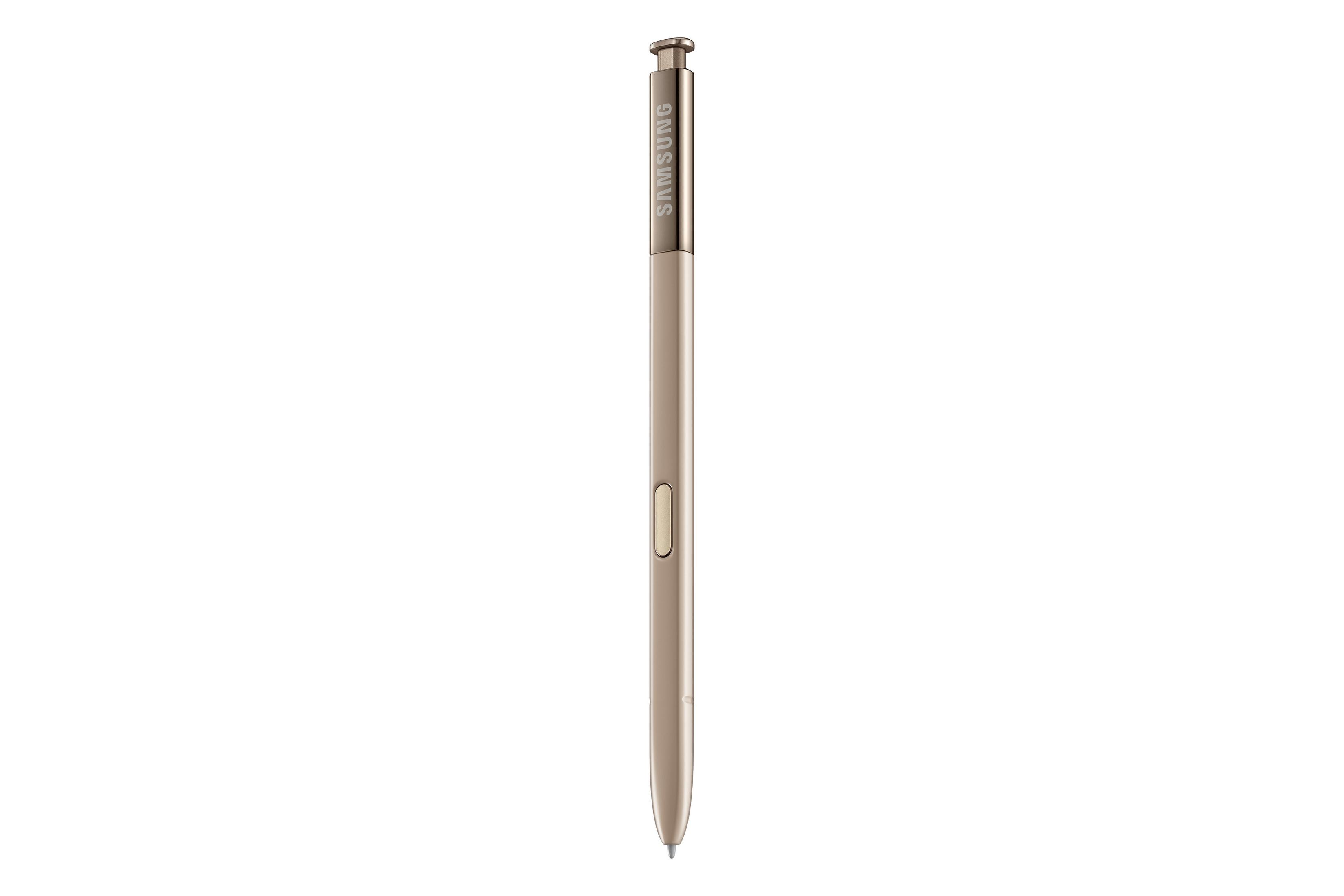 Una penna stilo S-Pen Samsung color oro. È un dispositivo elegante a forma di penna con un pulsante laterale.
