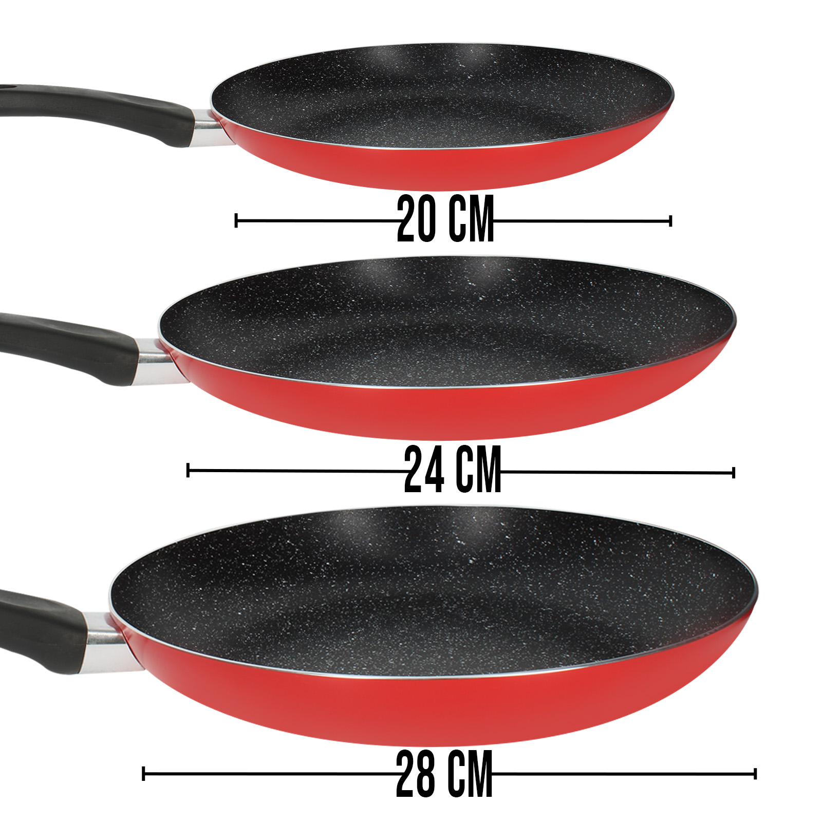 Trois poêles rouges de différentes tailles avec des poignées noires et des intérieurs mouchetés, étiquetées avec leurs diamètres.
