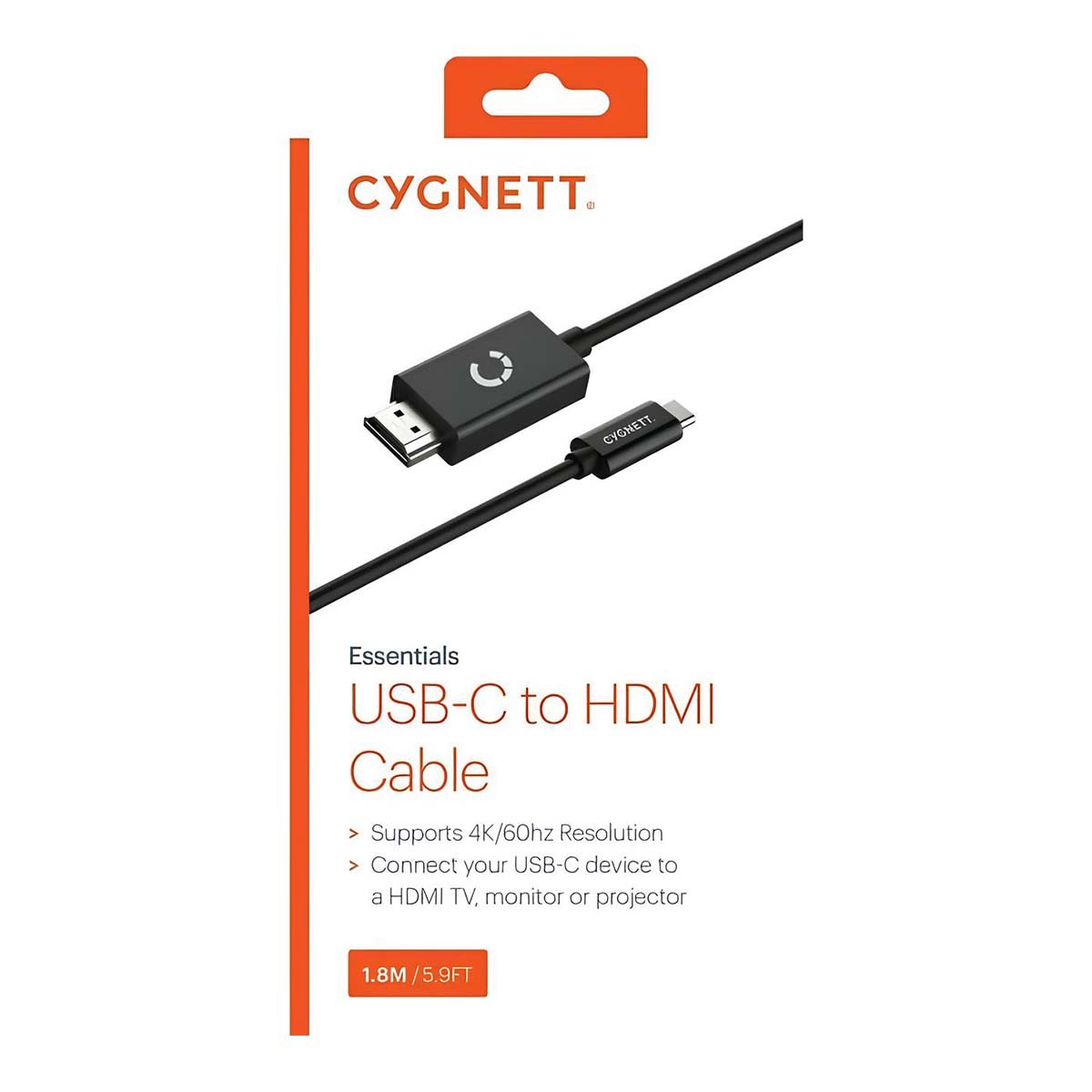 Un cavo da USB-C a HDMI di Cygnett. Ha un cavo nero con un connettore nero. Supporta la risoluzione 4K/60hz, su sfondo bianco.