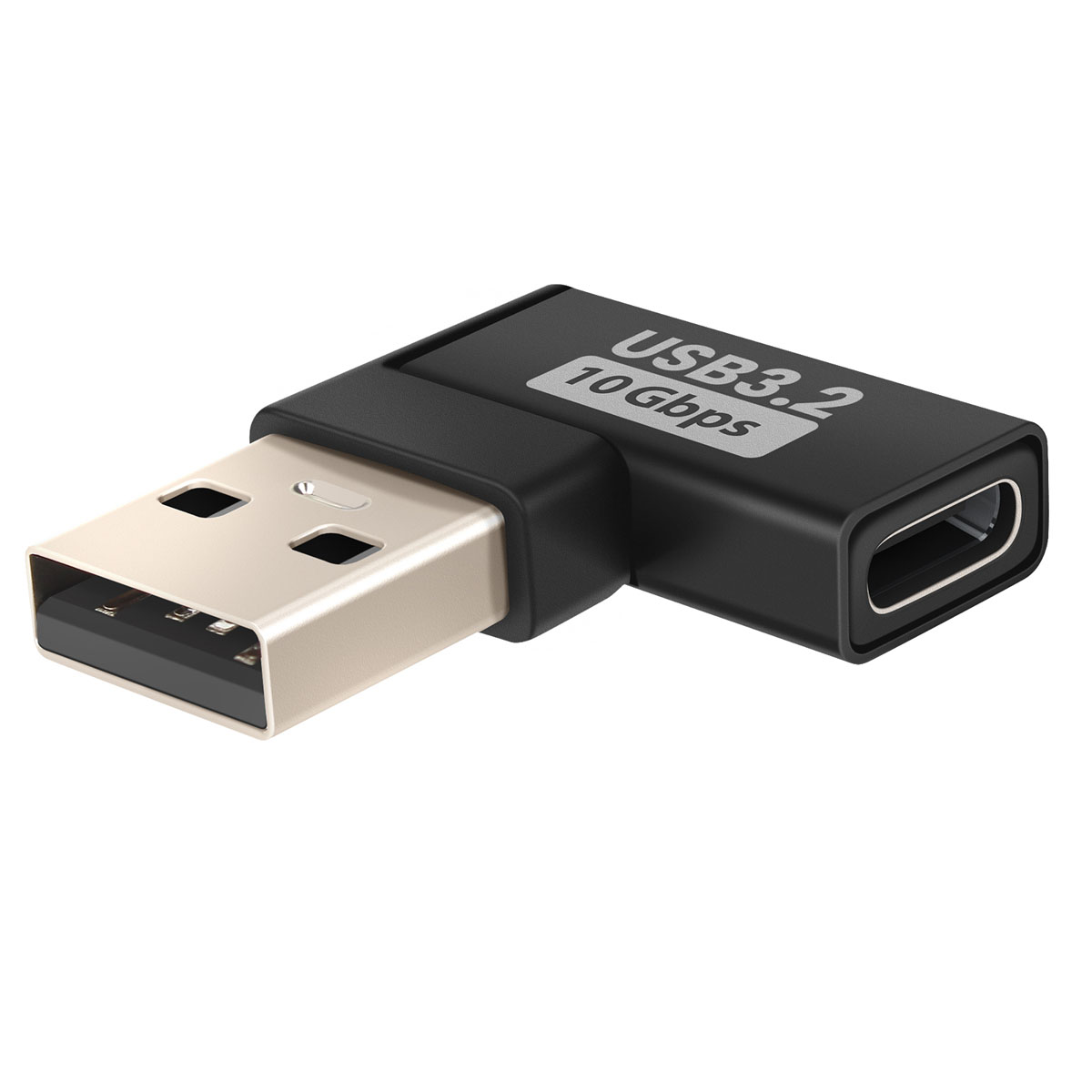 Un adattatore USB 3.2 nero con connettore USB-A argentato e porta USB-C. Il testo dice USB3.2 10 Gbps sull'adattatore.