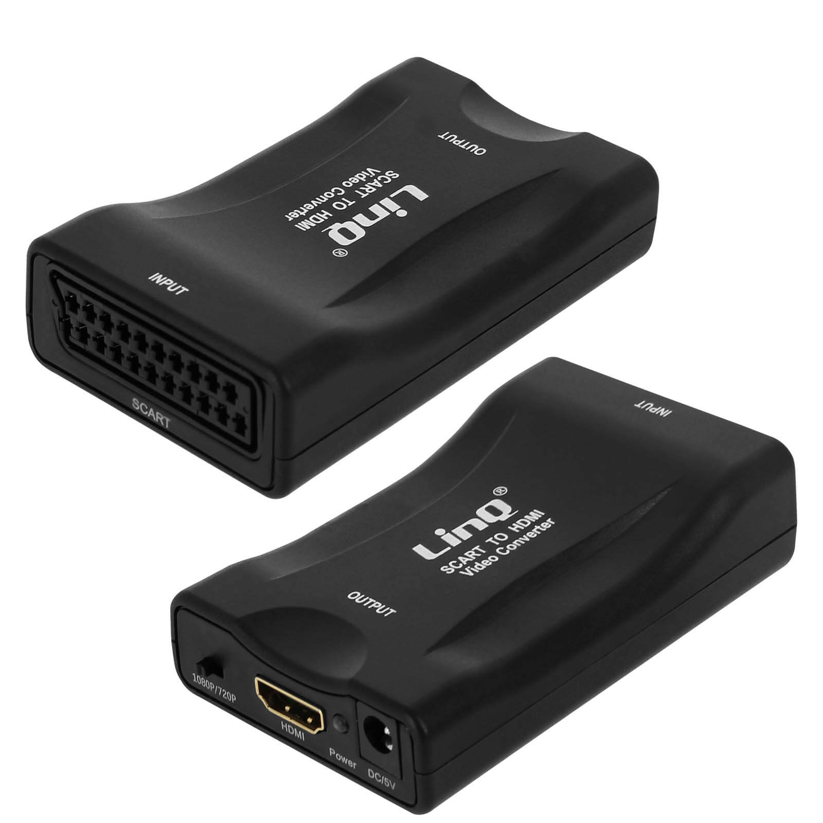 Zwei schwarze SCART-zu-HDMI-Videokonverter. Einer zeigt die Eingangs- und der andere die Ausgangsanschlüsse. Die Marke ist Ling.