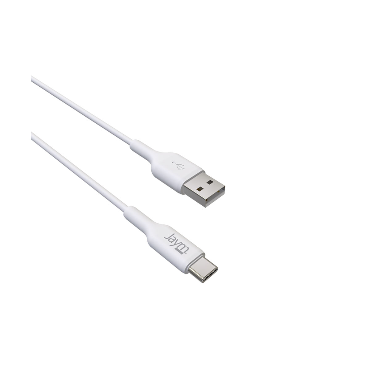 Un cavo USB bianco con connettore USB-A e USB-C. Il cavo ha un logo 'Jaym' sull'estremità USB-C. Lo sfondo è bianco.