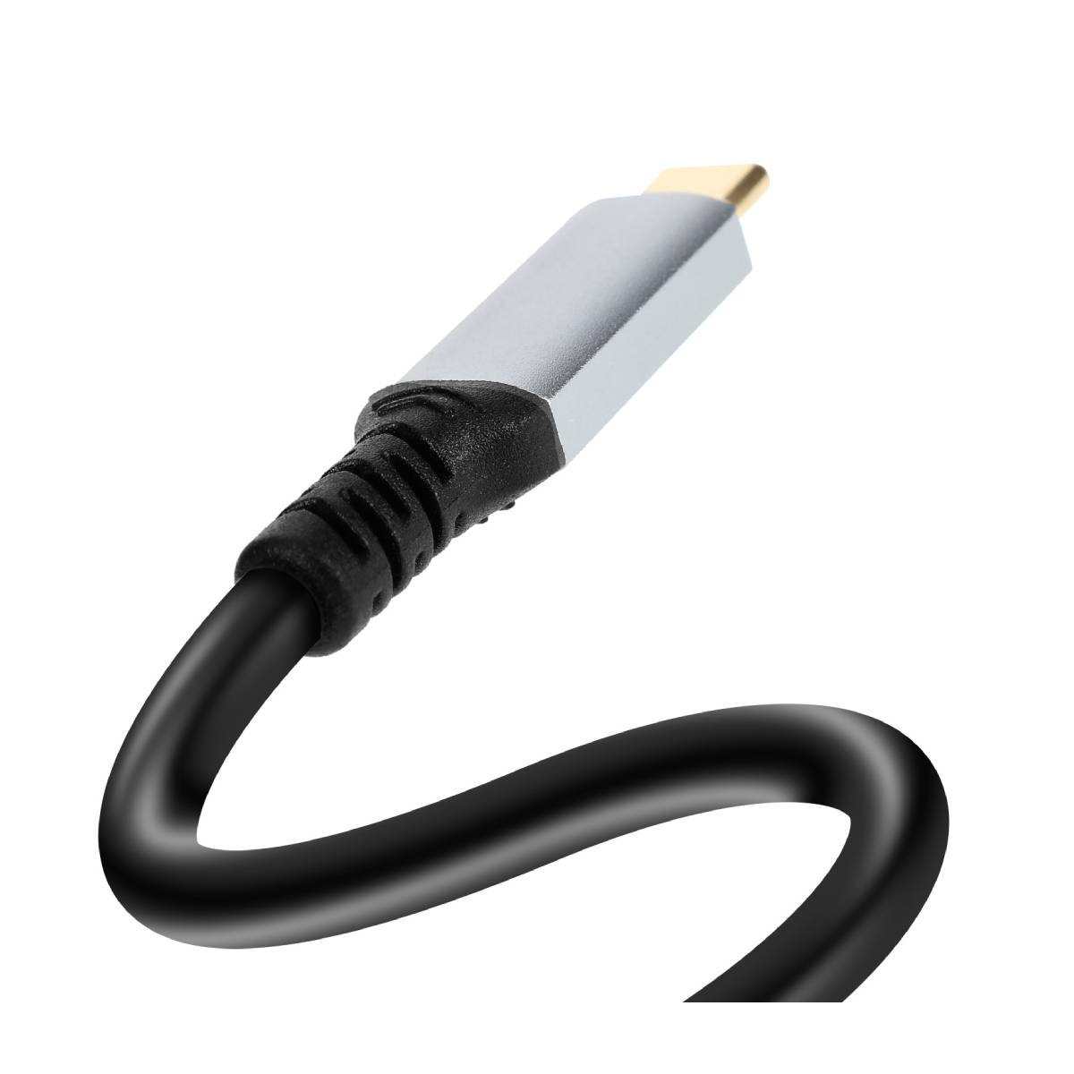 Nahaufnahme eines USB-C-Kabels. Das Kabel hat einen silbernen Stecker mit goldener Spitze. Das schwarze Kabel ist gebogen.
