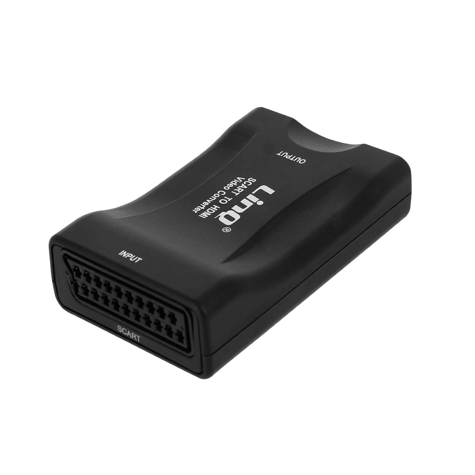 Schwarzer SCART-zu-HDMI-Videokonverter. Verfügt über Eingangs- und Ausgangsanschlüsse. Die Marke ist Linq.