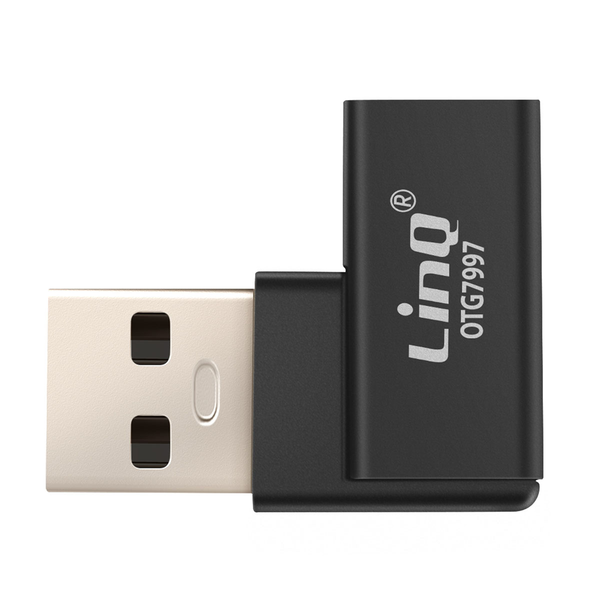 Un adattatore USB Linq OTG7997 nero e argento. L'estremità USB è argentata, l'estremità OTG è nera, con il logo Linq.