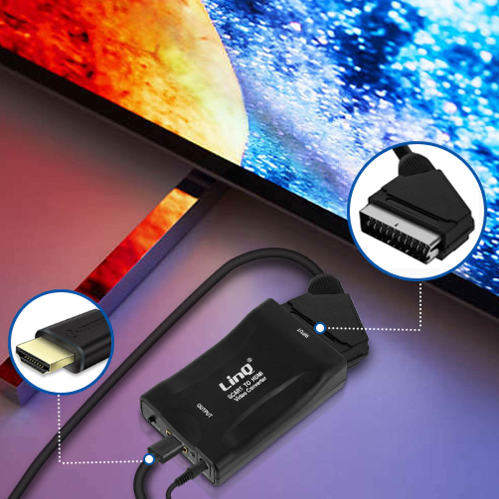 Ein SCART-zu-HDMI-Video-Konverter mit einem schwarzen Kabel. Der Konverter ist an einen Fernseher angeschlossen. Nahaufnahme des HDMI-Steckers.