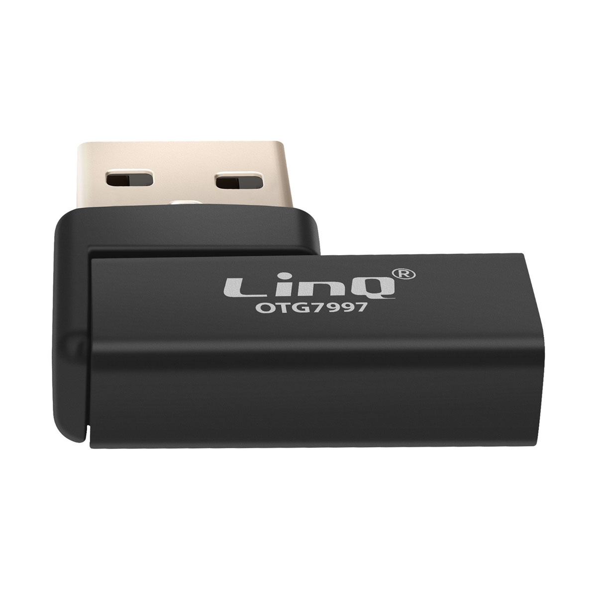 Un'unità USB Linq OTG7997 nera con connettore USB argentato.