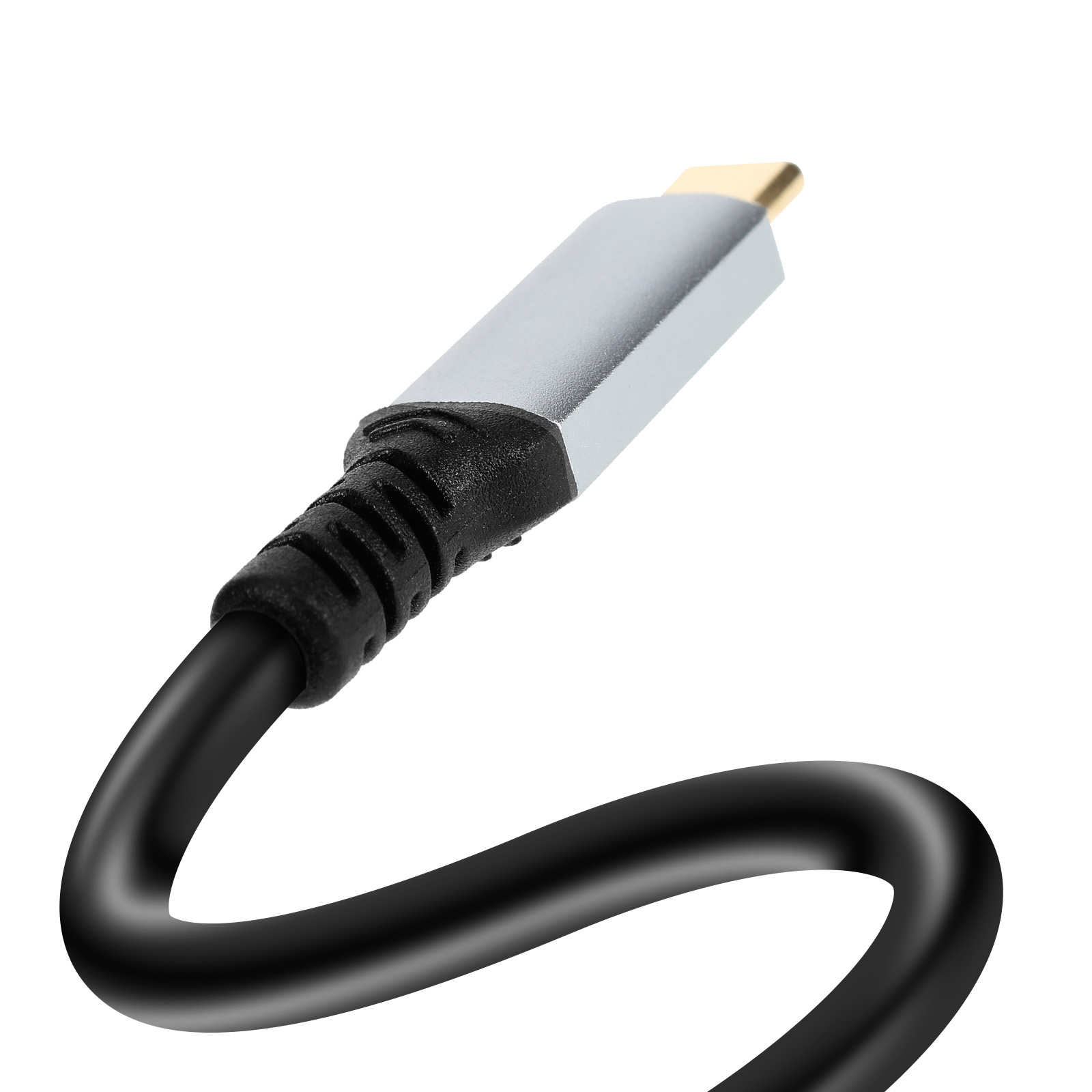 Nahaufnahme eines schwarzen und silbernen USB-C-Kabels mit goldfarbenem Stecker auf weißem Hintergrund.