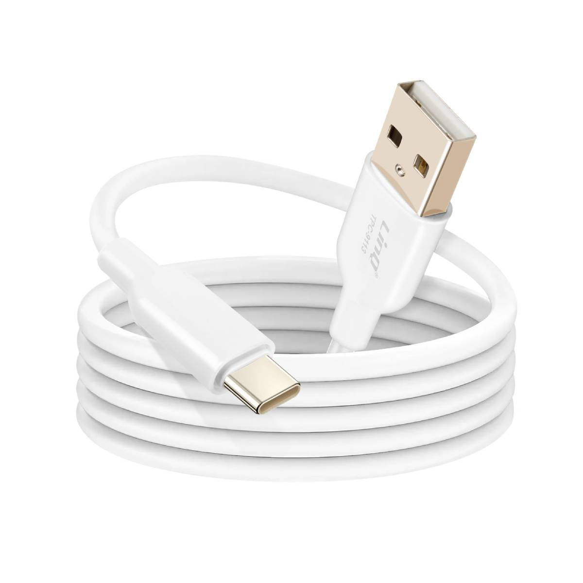 Un cavo di ricarica USB-C bianco con un connettore USB-A. Il cavo è arrotolato e i connettori sono bianchi e dorati.