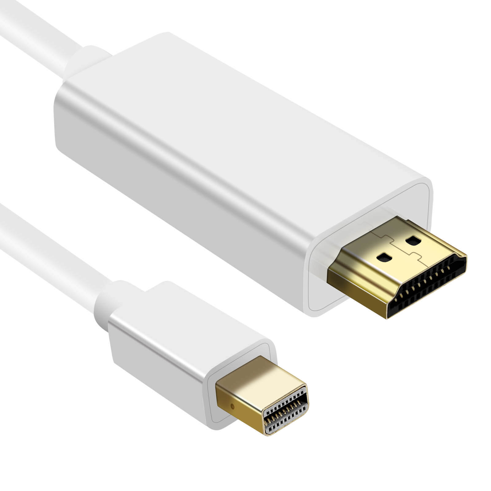Cavo bianco da HDMI a Mini DisplayPort. Connettori dorati su entrambe le estremità. Sfondo bianco.