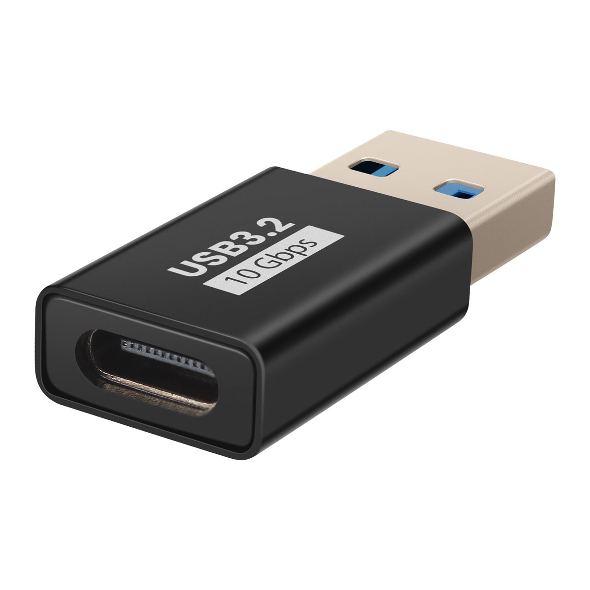 Un adattatore USB 3.2. Corpo nero con testo 'USB3.2 10 Gbps'. Connettore USB-A beige con inserti blu. Sfondo bianco.