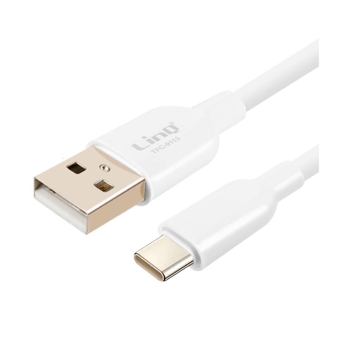 Un cavo USB bianco con un connettore USB-A e un connettore USB-C. Il marchio 'Linq' è stampato sul cavo.