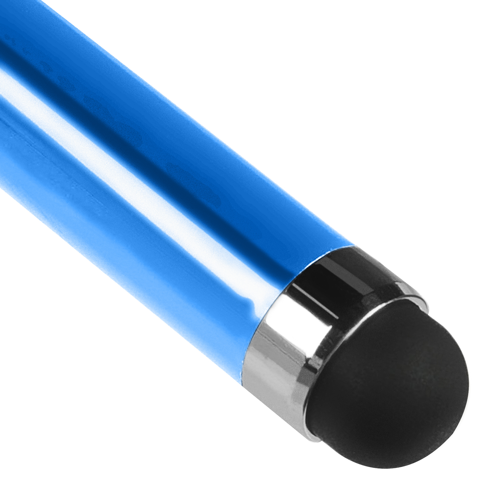 Una penna stilo blu con punta nera e anello in metallo argentato, isolata su sfondo bianco.