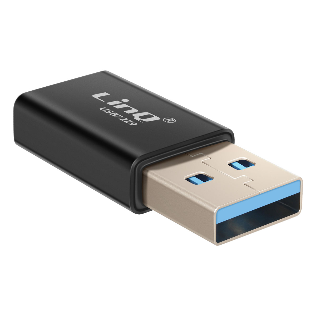 Un'unità USB nera con connettore argentato. Il marchio "Linq" è stampato sulla superficie nera. Il connettore ha un interno blu.