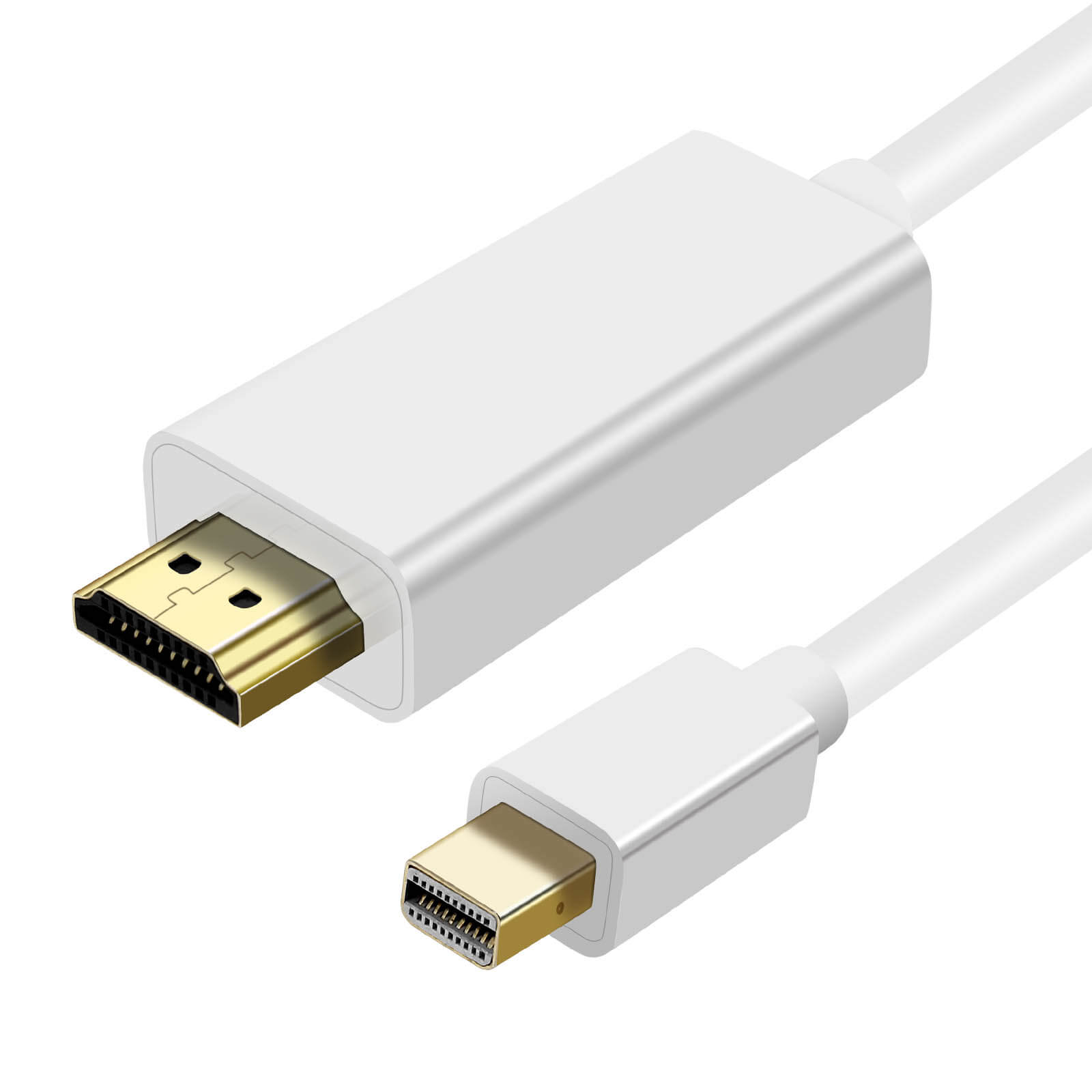 Un cavo bianco da HDMI a Mini DisplayPort. I connettori dorati sono visibili a ciascuna estremità, su sfondo bianco.