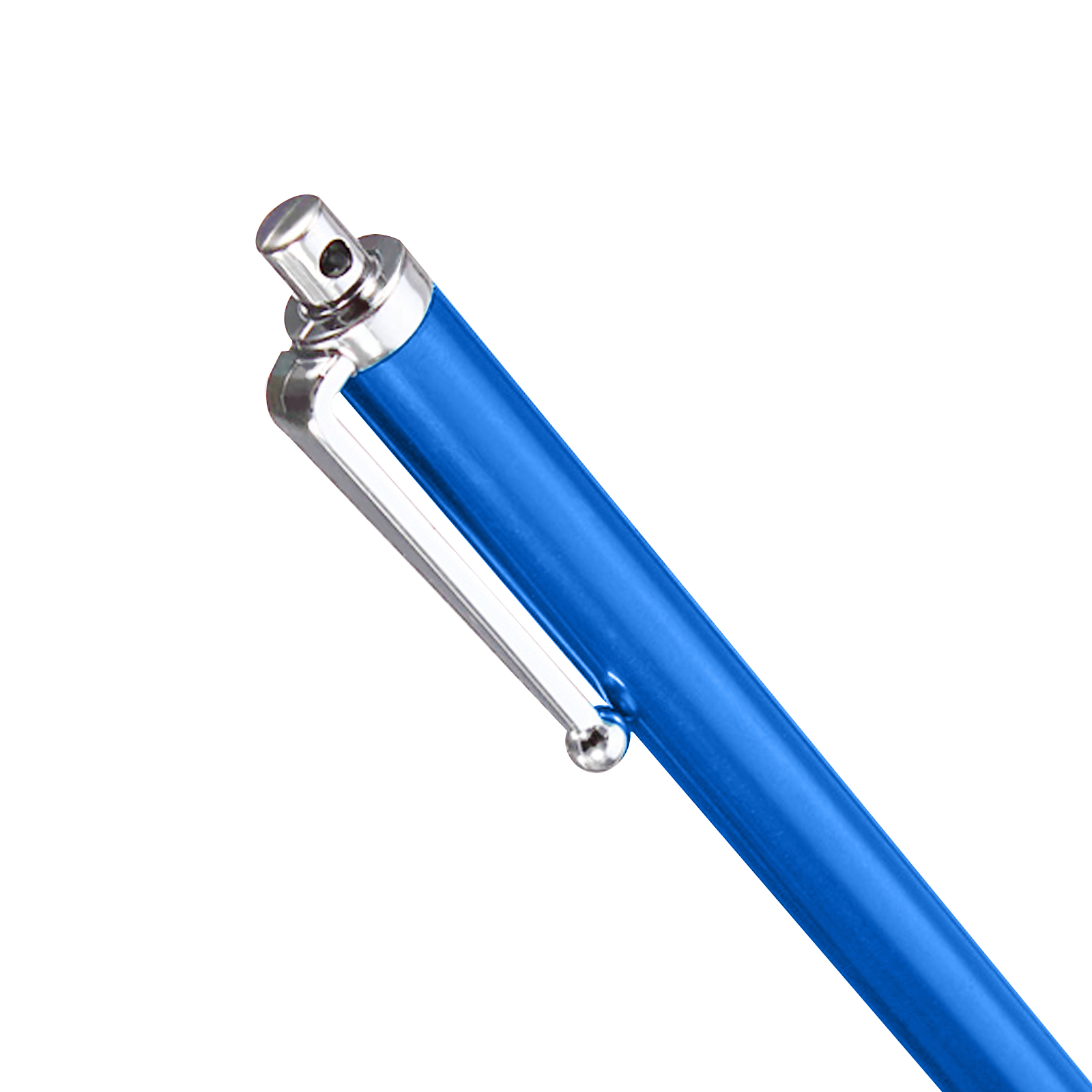 Primo piano di una penna blu con dettagli argentati. La penna è angolata su sfondo bianco, mostrando la punta.
